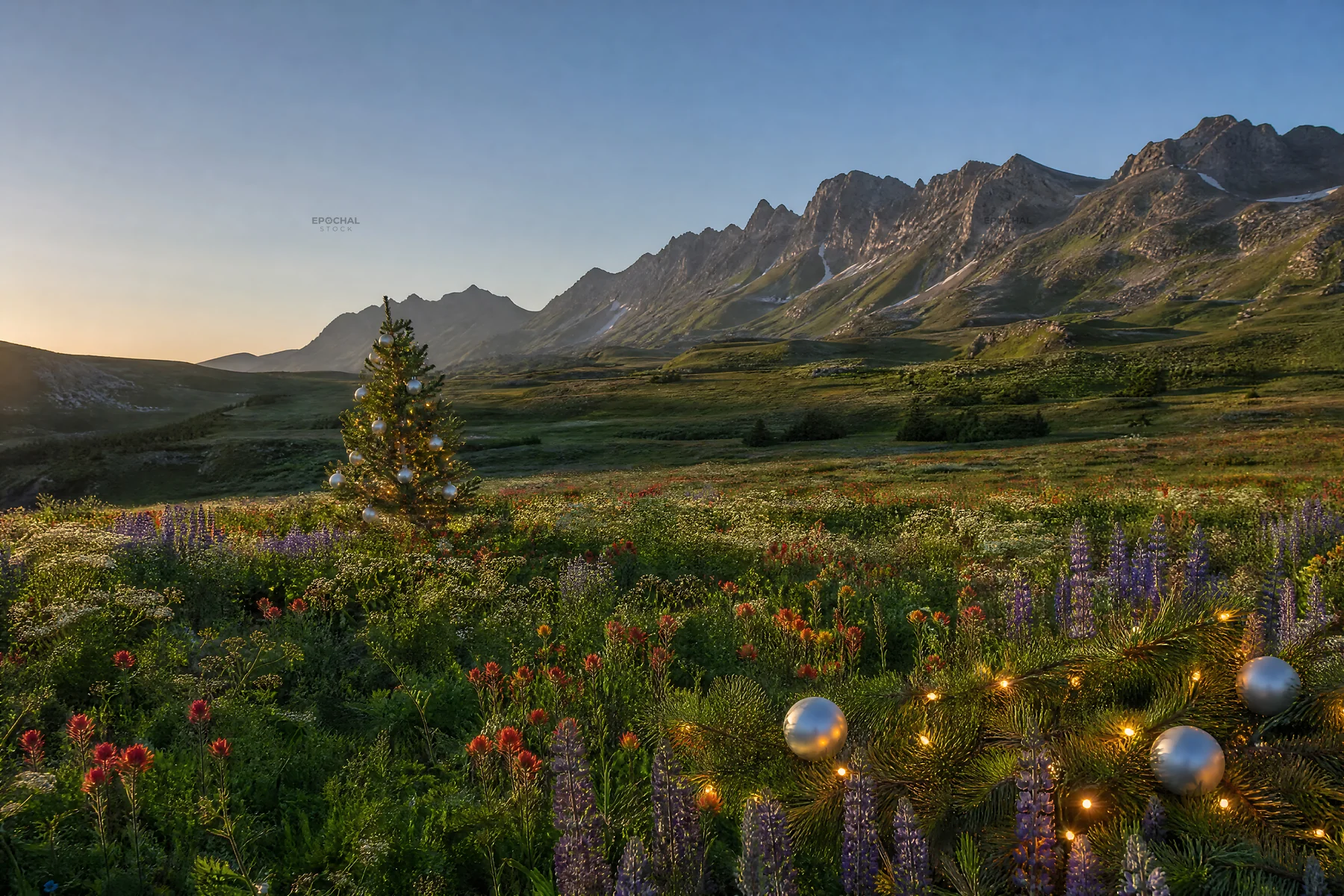 Christmas tree in mountain valley meadow at sunset - AI-generated stock image