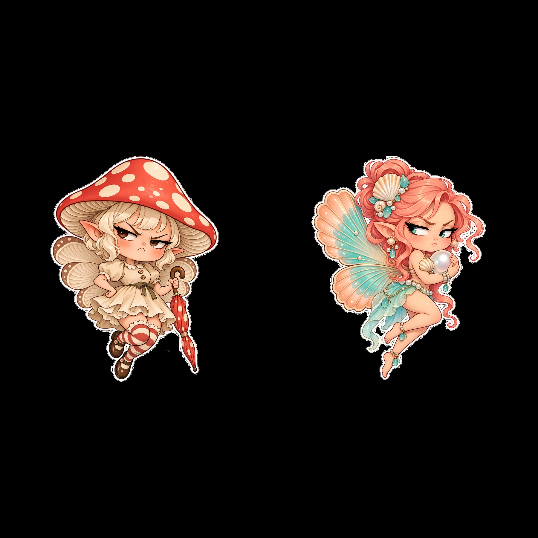 Kawaii grumpy fairy with mushroom hat and pink-haired sea fairy - AI-generated stock image