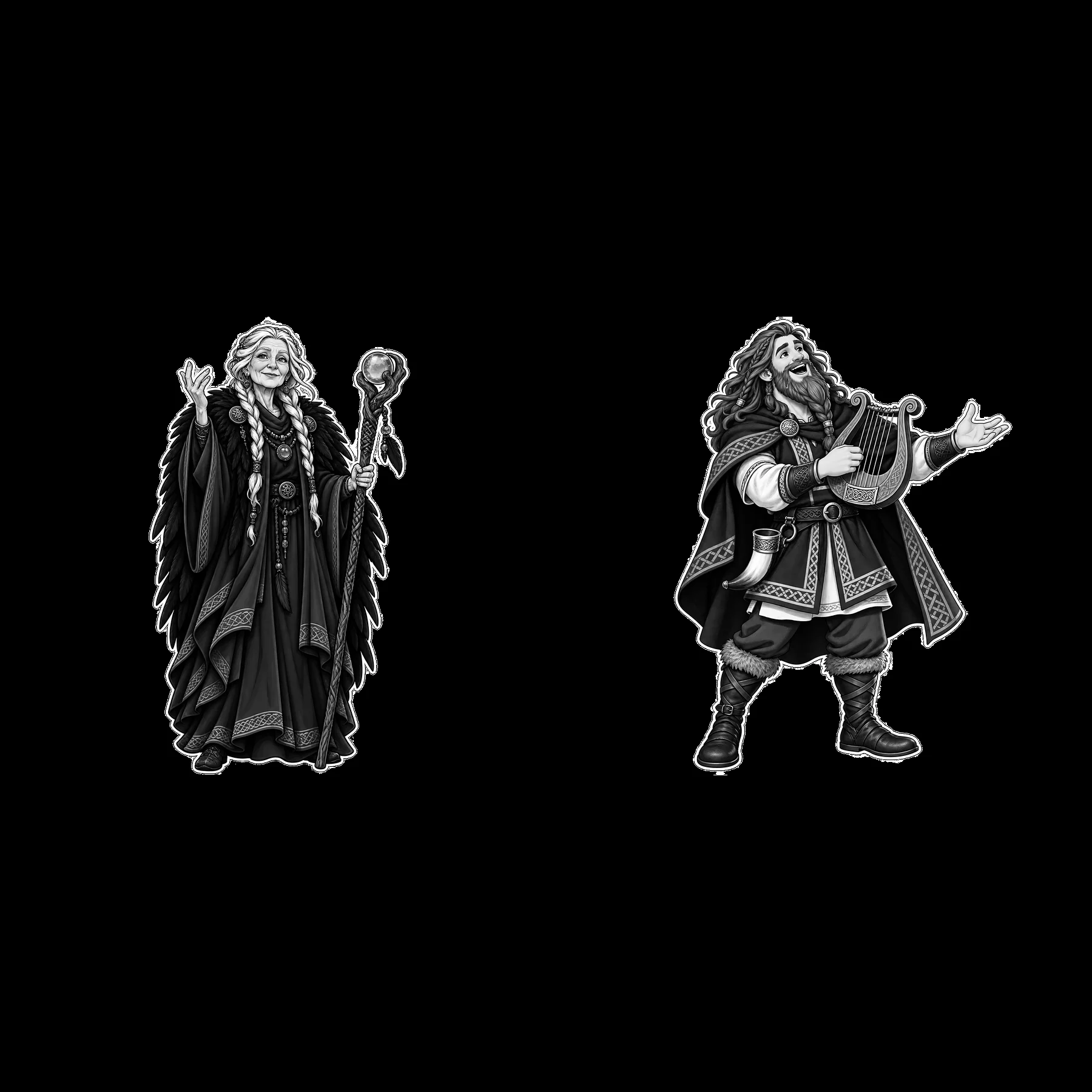 Odin and Freyja in black-and-white cartoon sticker illustration - AI-generated stock image
