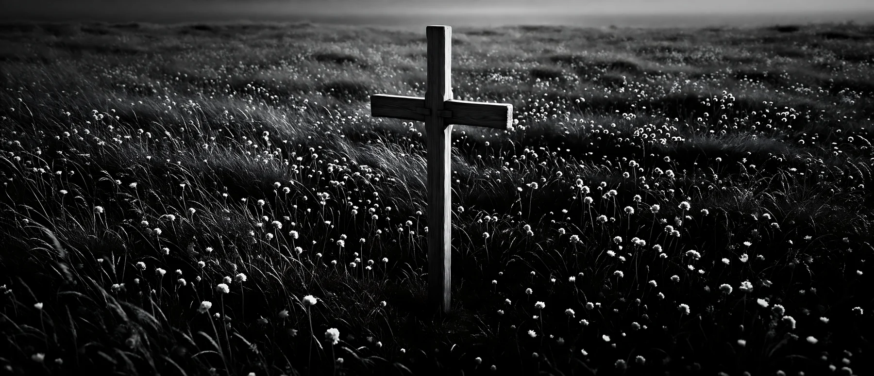 Wooden Christian cross in meadow at sunrise with light rays - AI-generated stock image