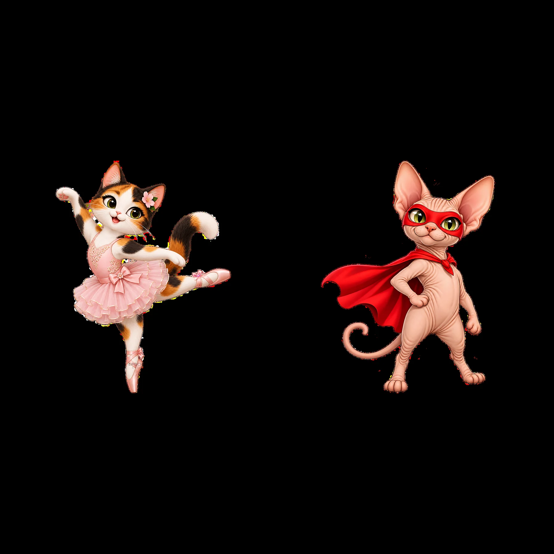 Ballet cat in tutu and superhero cat with cape - AI-generated stock image