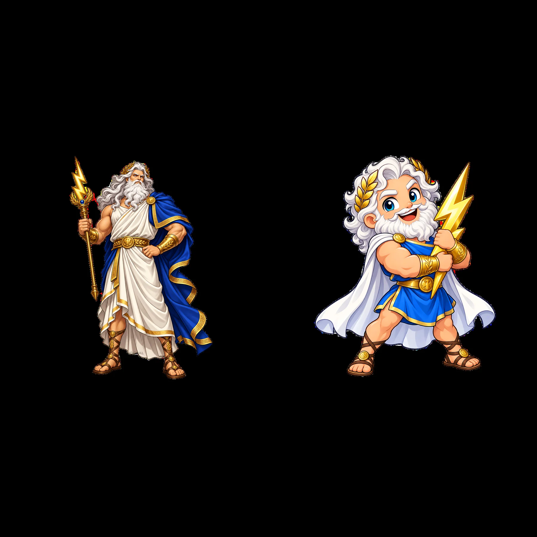 Zeus character stickers with lightning and scepter in two poses - AI-generated stock image