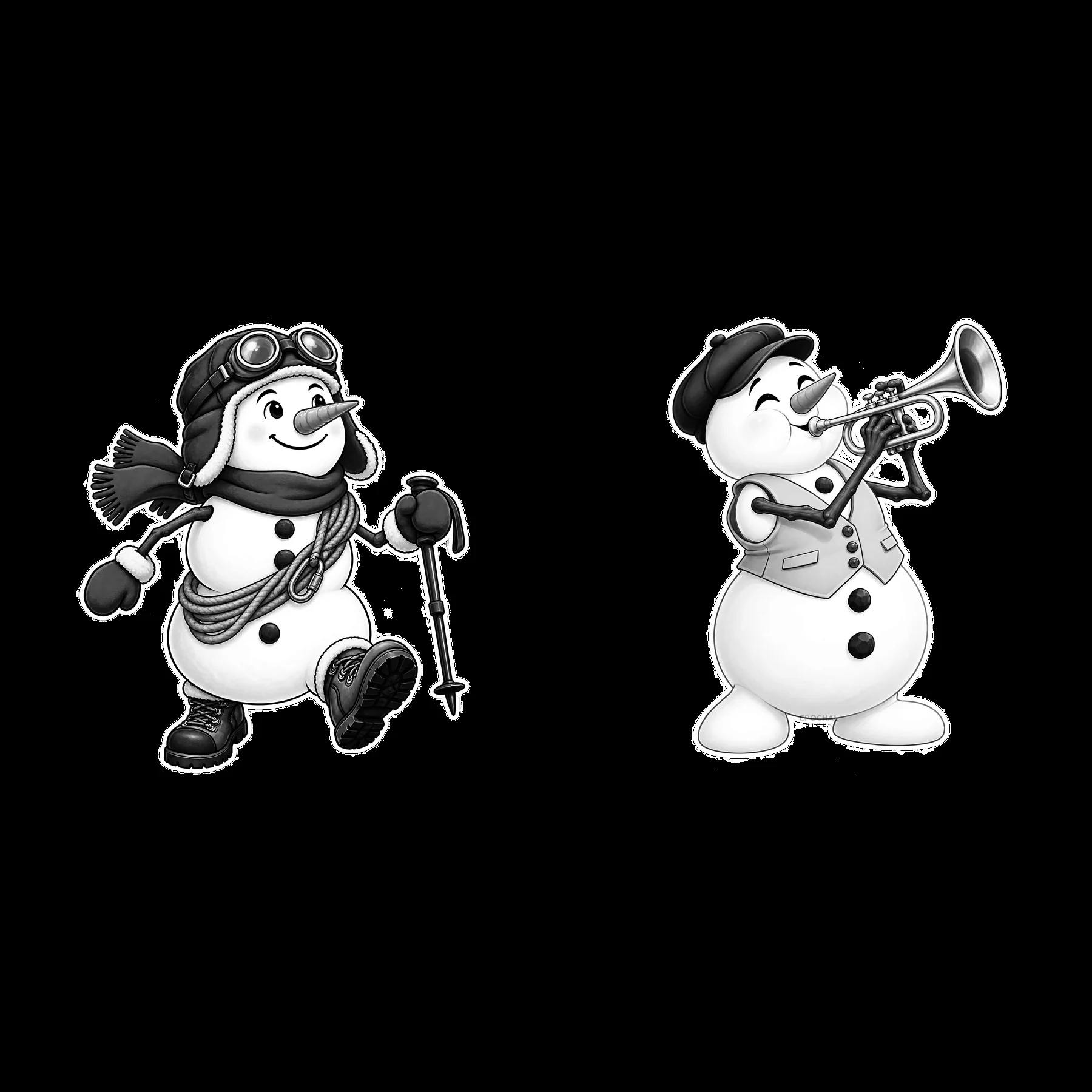 Snowman walking with cane and snowman playing trumpet - AI-generated stock image