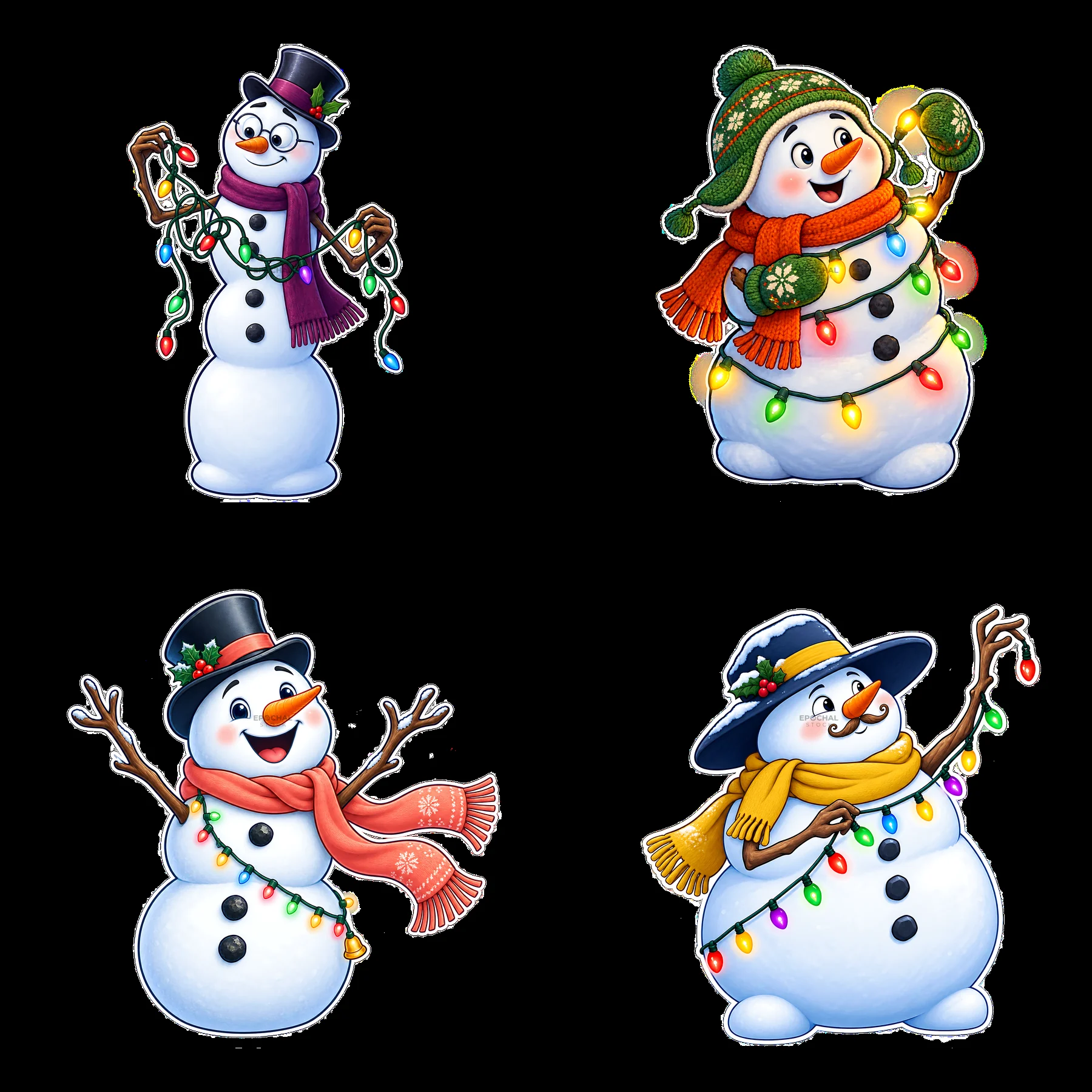 Snowman decorations with lights in a cheerful arrangement - AI-generated stock image