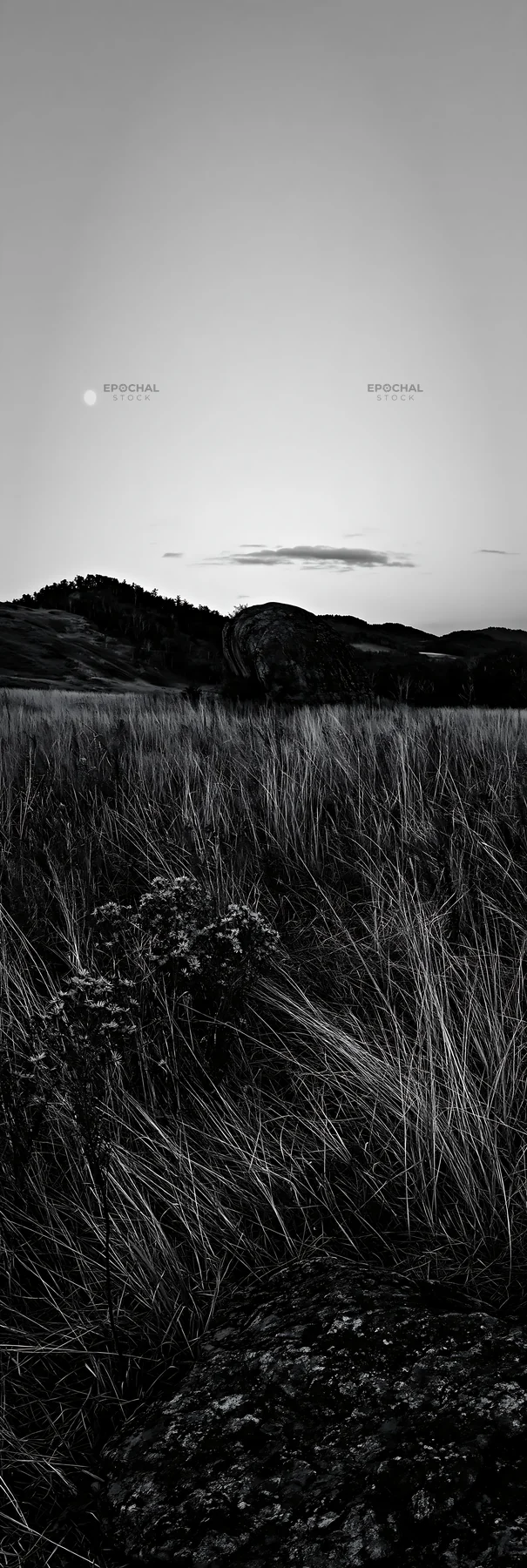 Nagano drought resilient meadow with granite boulder at dusk - AI-generated stock image