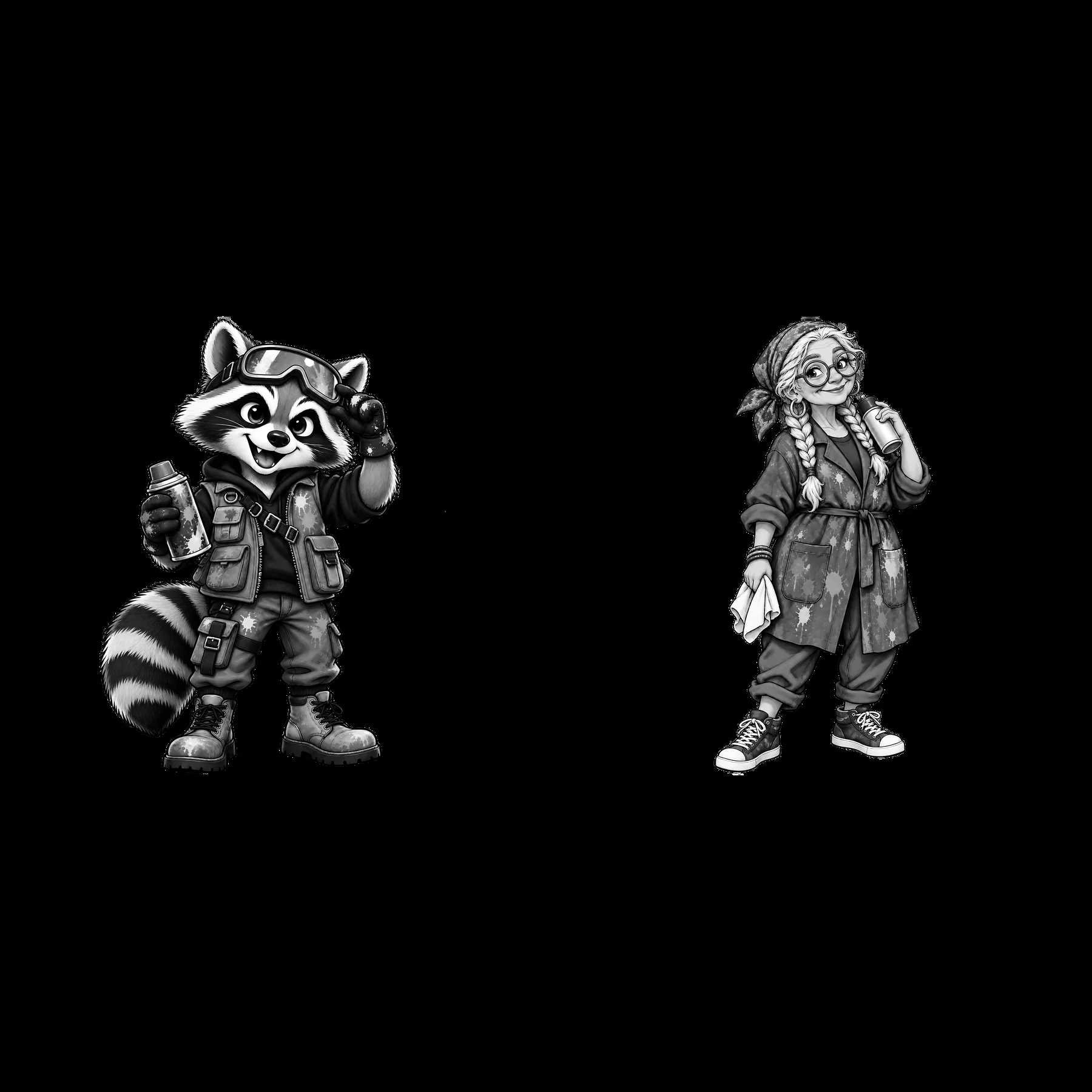 Graffiti sprayer raccoon and artist girl characters in black and white - AI-generated stock image