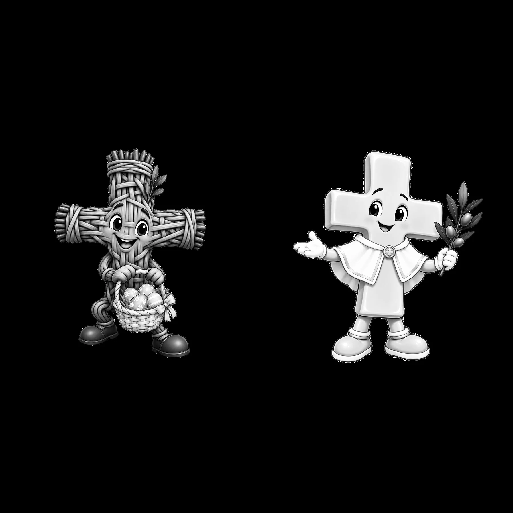 Easter characters with basket of eggs and cross illustration - AI-generated stock image