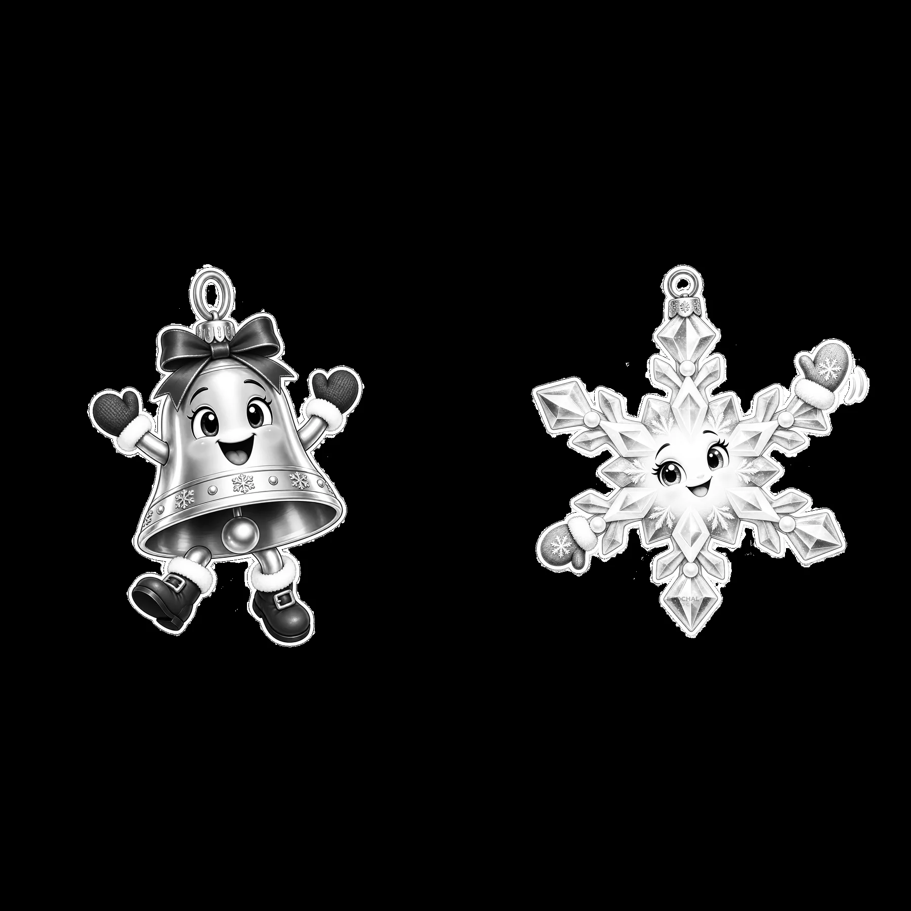 Monochrome two isolated cartoon figure stickers - AI-generated stock image