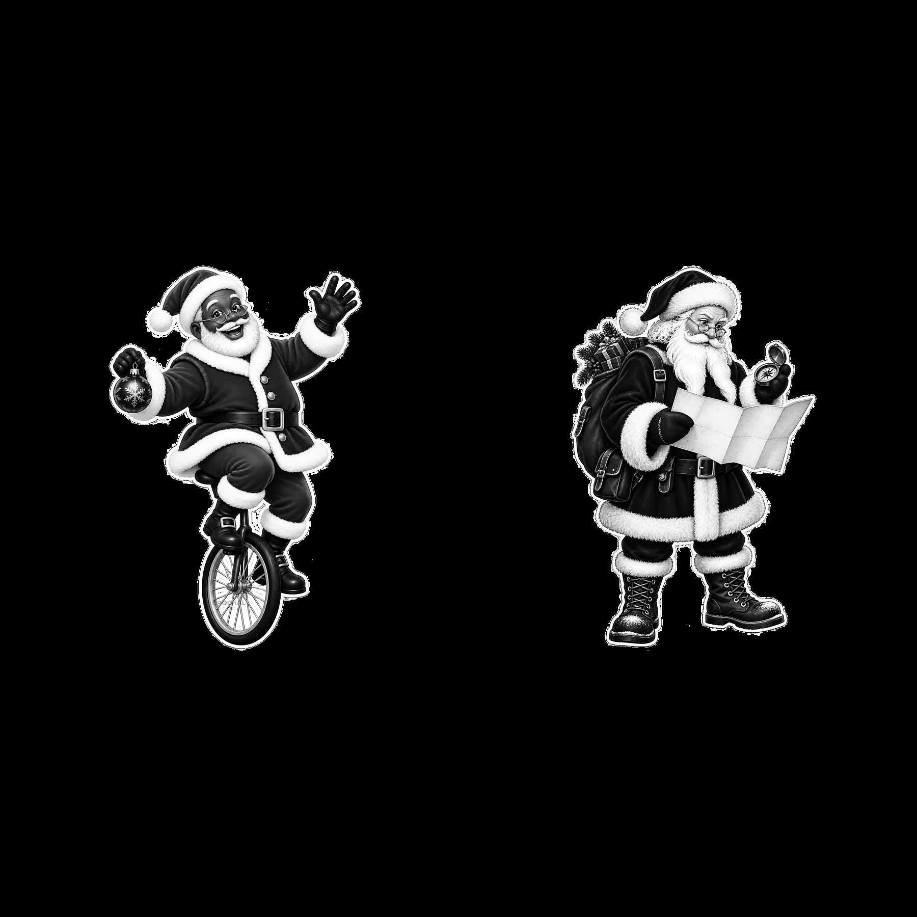 Santa Claus on a unicycle and checking a map in black and white - AI-generated stock image