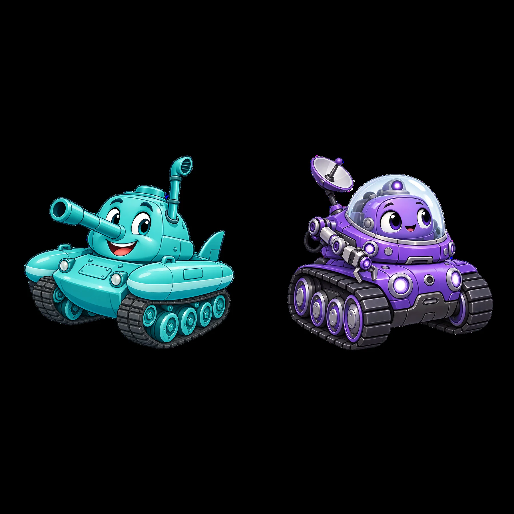 Cartoon tank characters in vibrant colors engaging in fun activities - AI-generated stock image