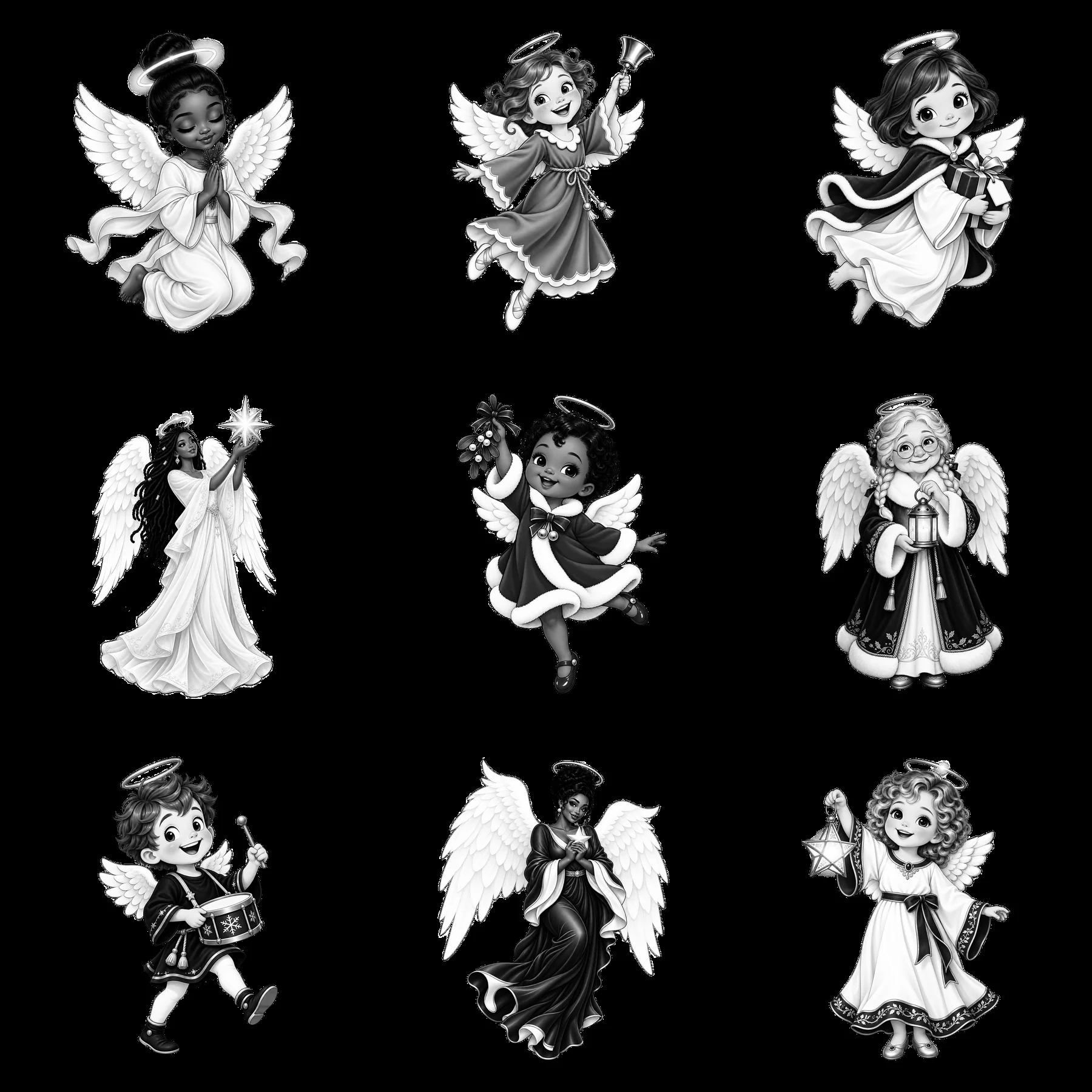 Christmas angel cartoon characters in a 3x3 layout - AI-generated stock image