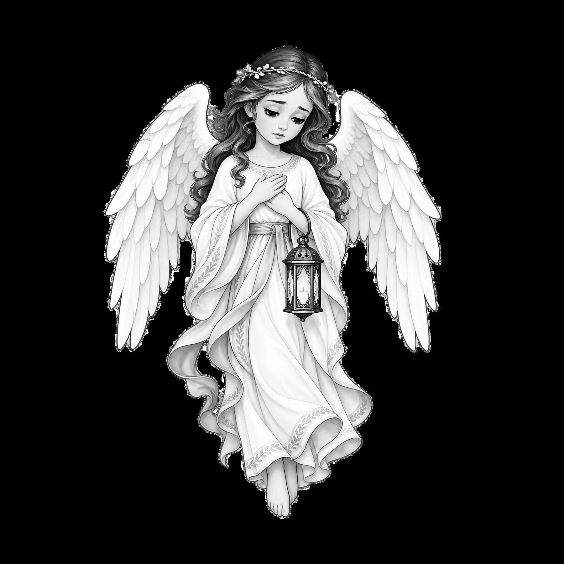 Angel holds lantern in monochrome illustration - AI-generated stock image