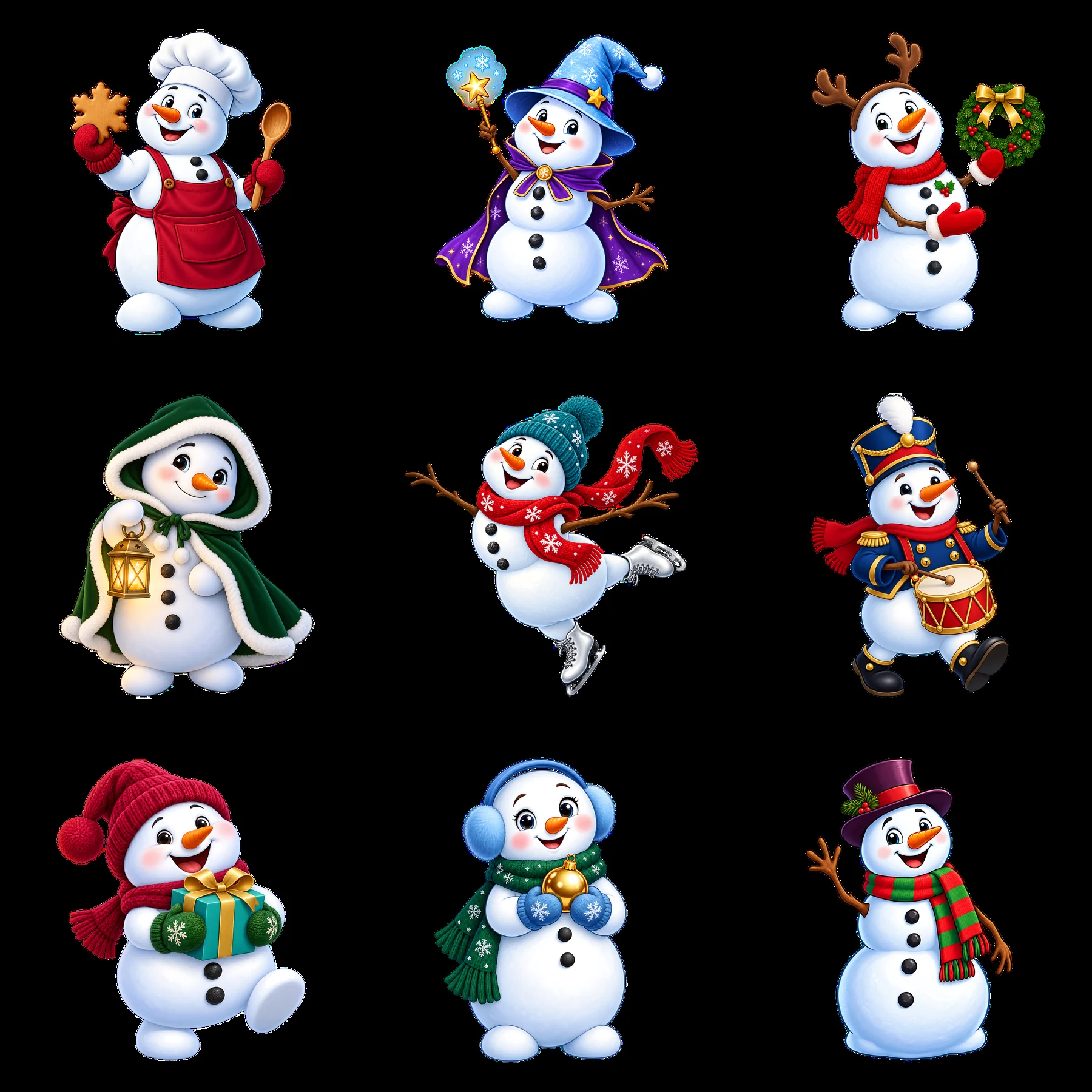 Nine cheerful snowmen in Christmas-themed outfits and activities - AI-generated stock image