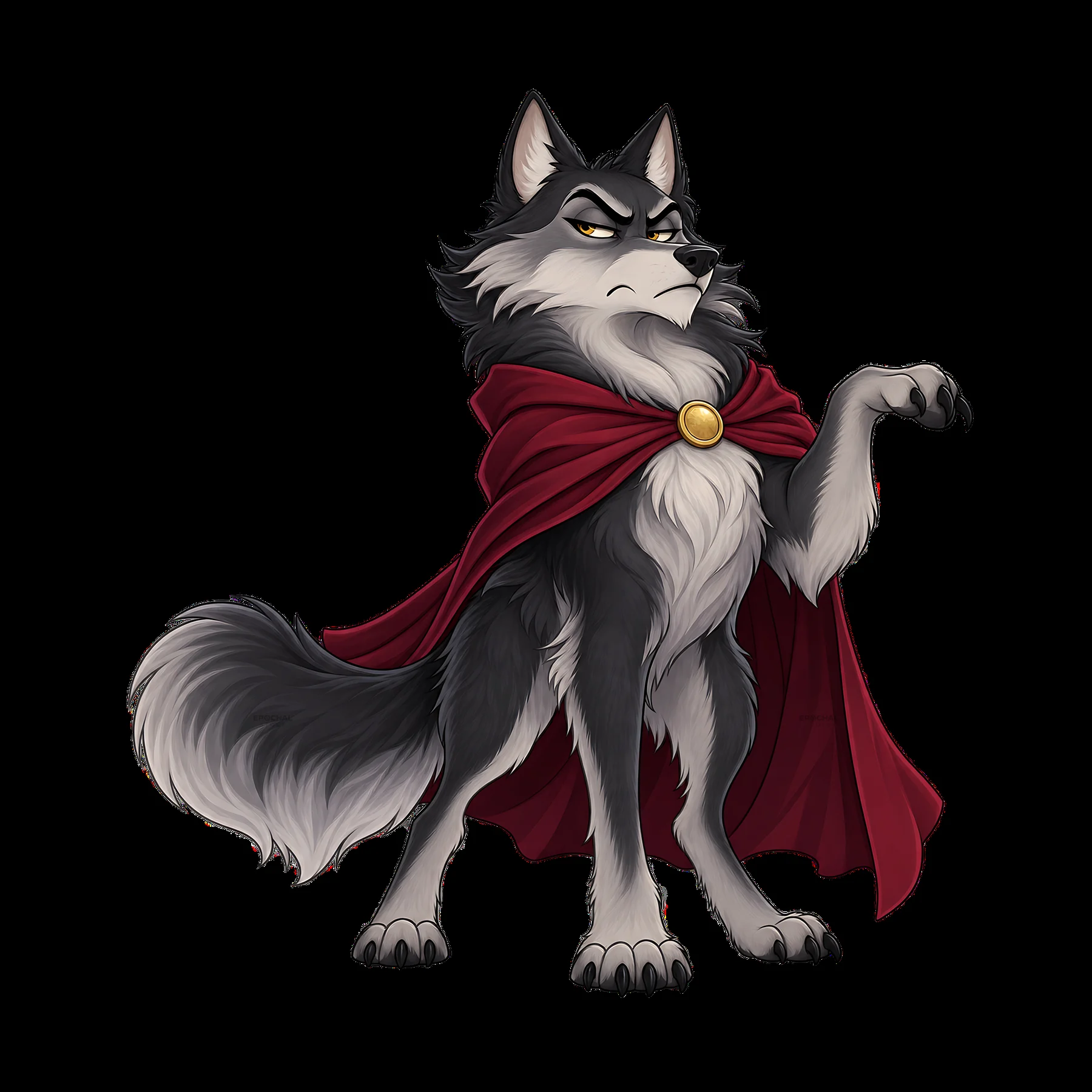 Grumpy wolf in a red cape with a serious expression - AI-generated stock image