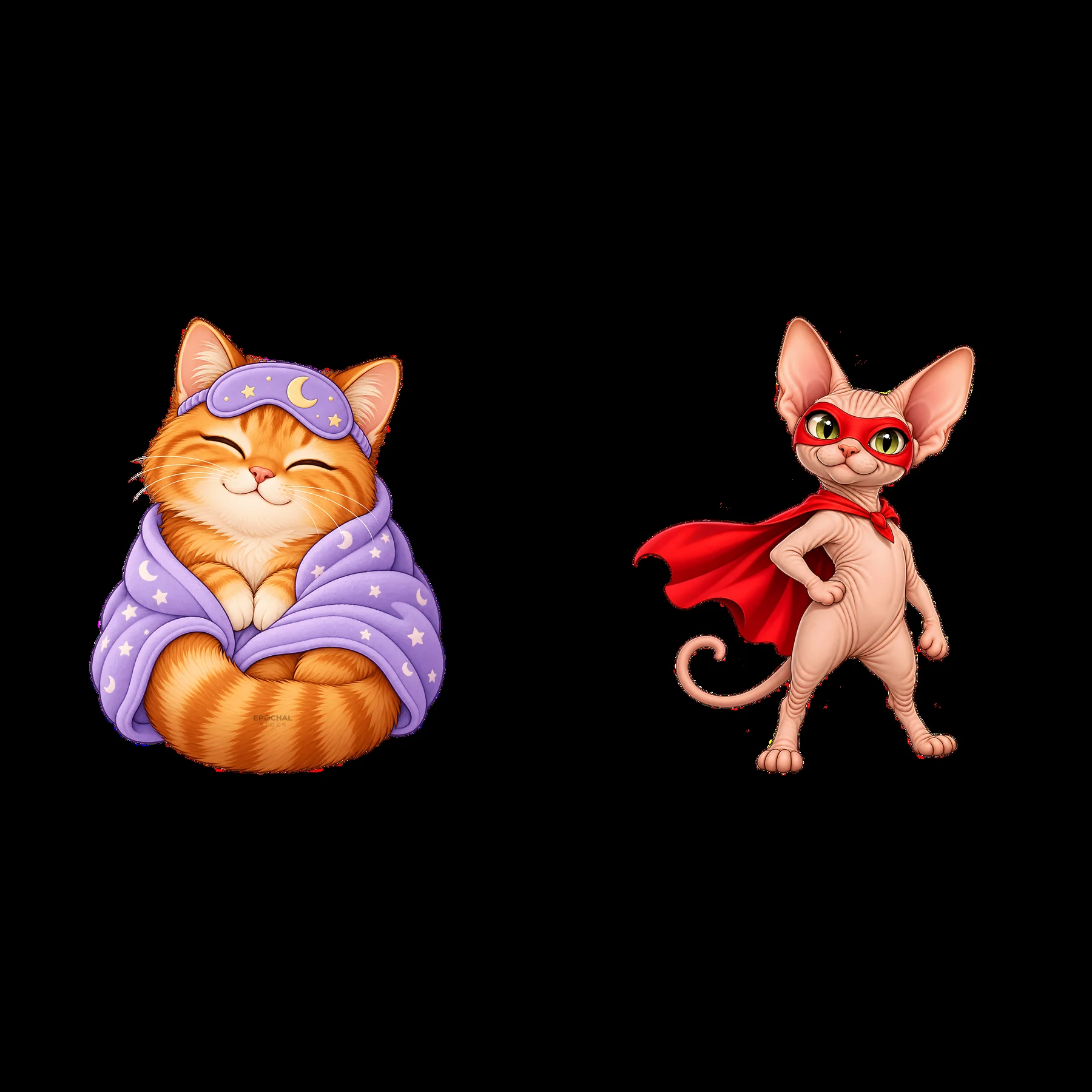 Cartoon cats with a cozy blanket and superhero cape design - AI-generated stock image