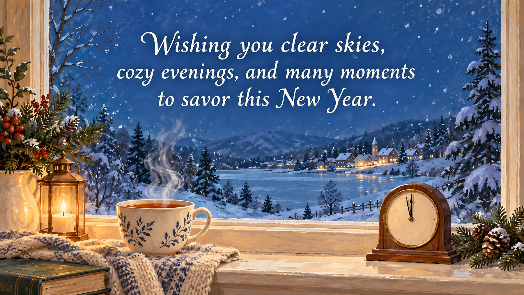 Cozy New Year Greeting at a Snowy Window - AI-generated stock image