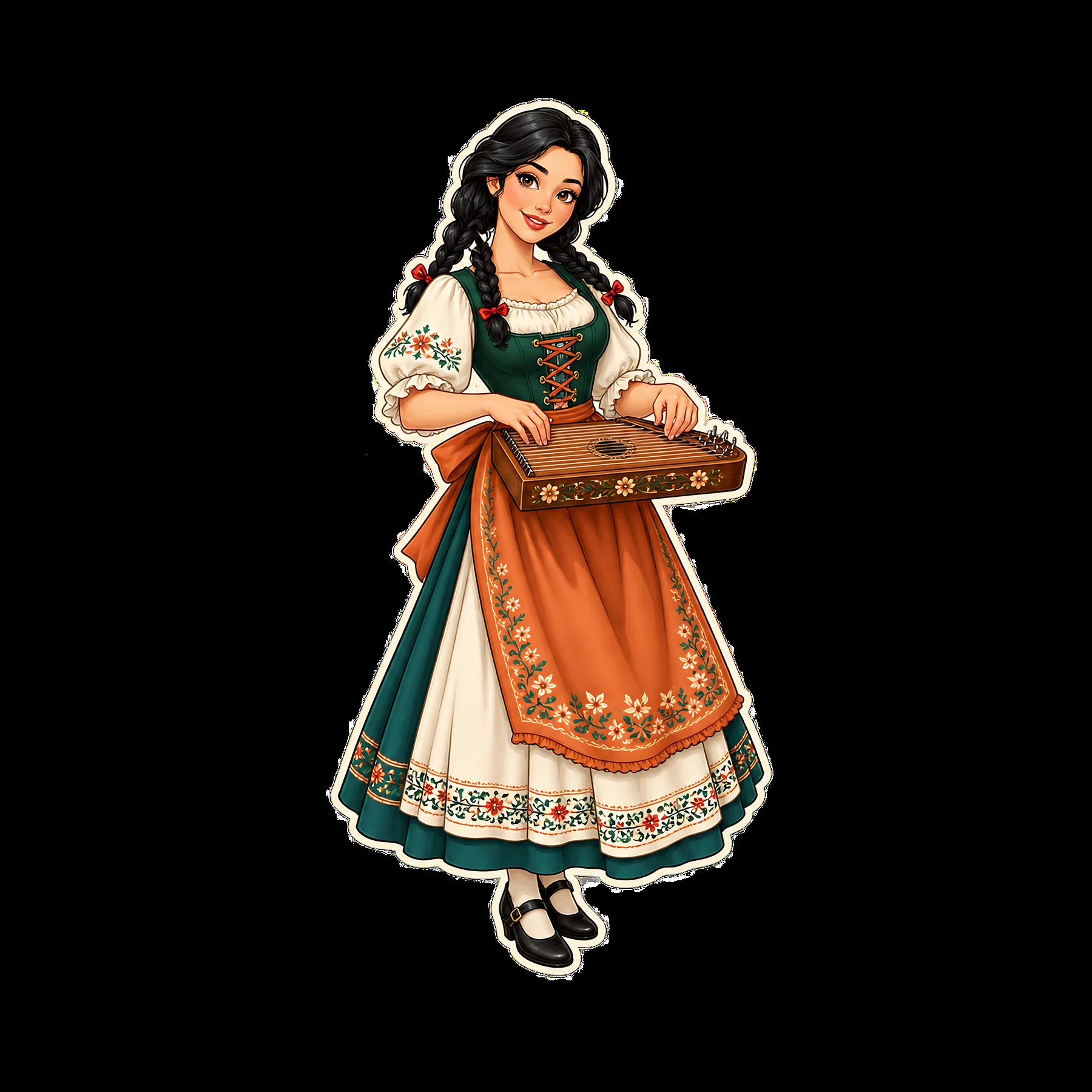 Woman in traditional folk dress playing a zither instrument - AI-generated stock image
