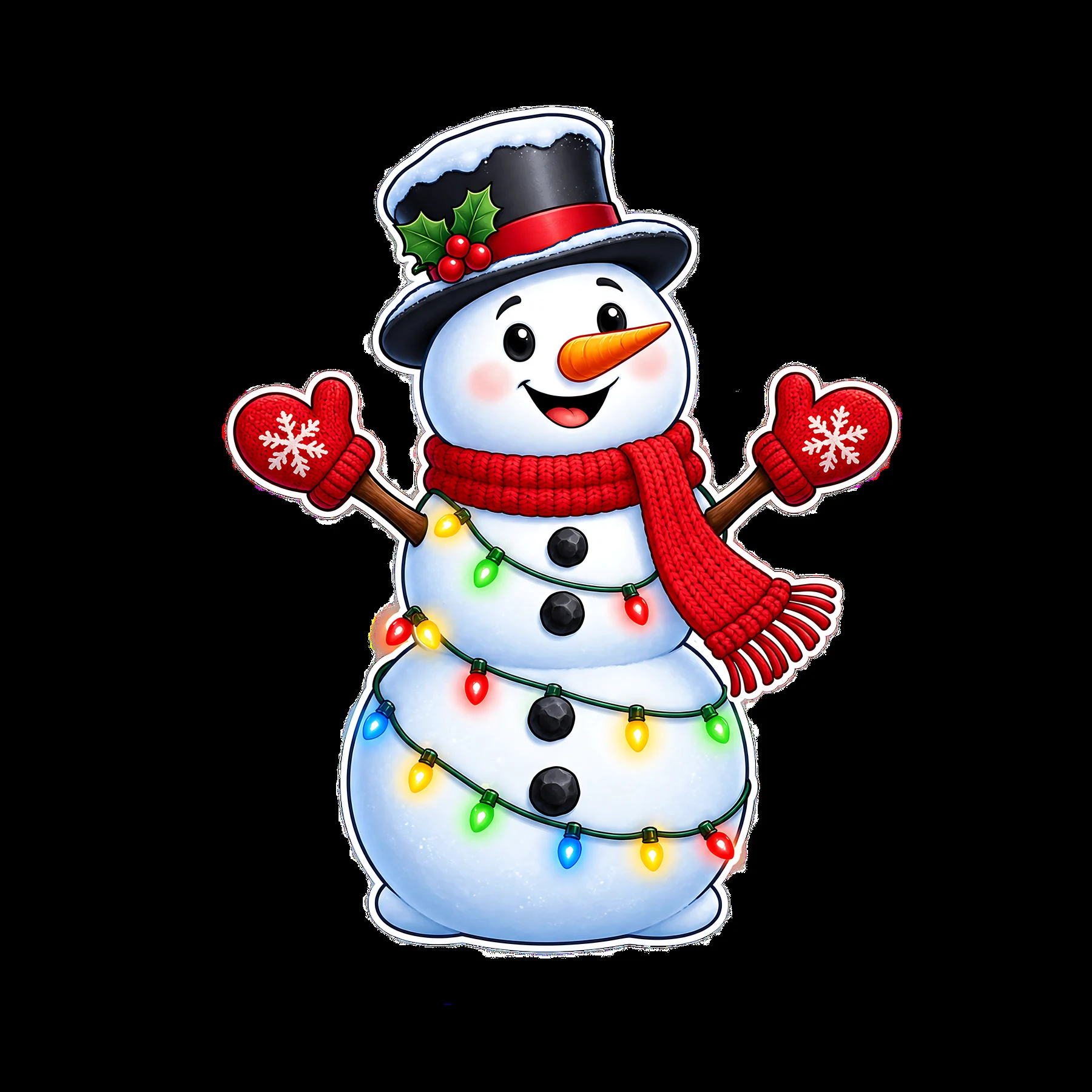 Snowman wearing a black hat with string lights and red scarf - AI-generated stock image