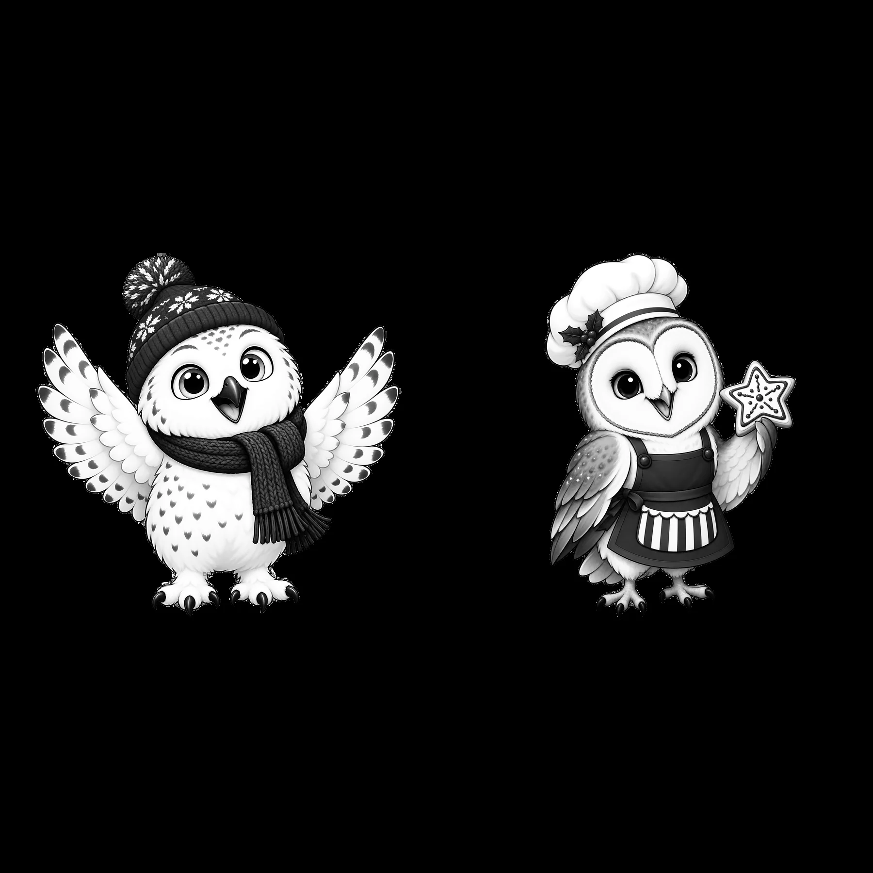 Christmas owls in winter hats and chef outfits - AI-generated stock image
