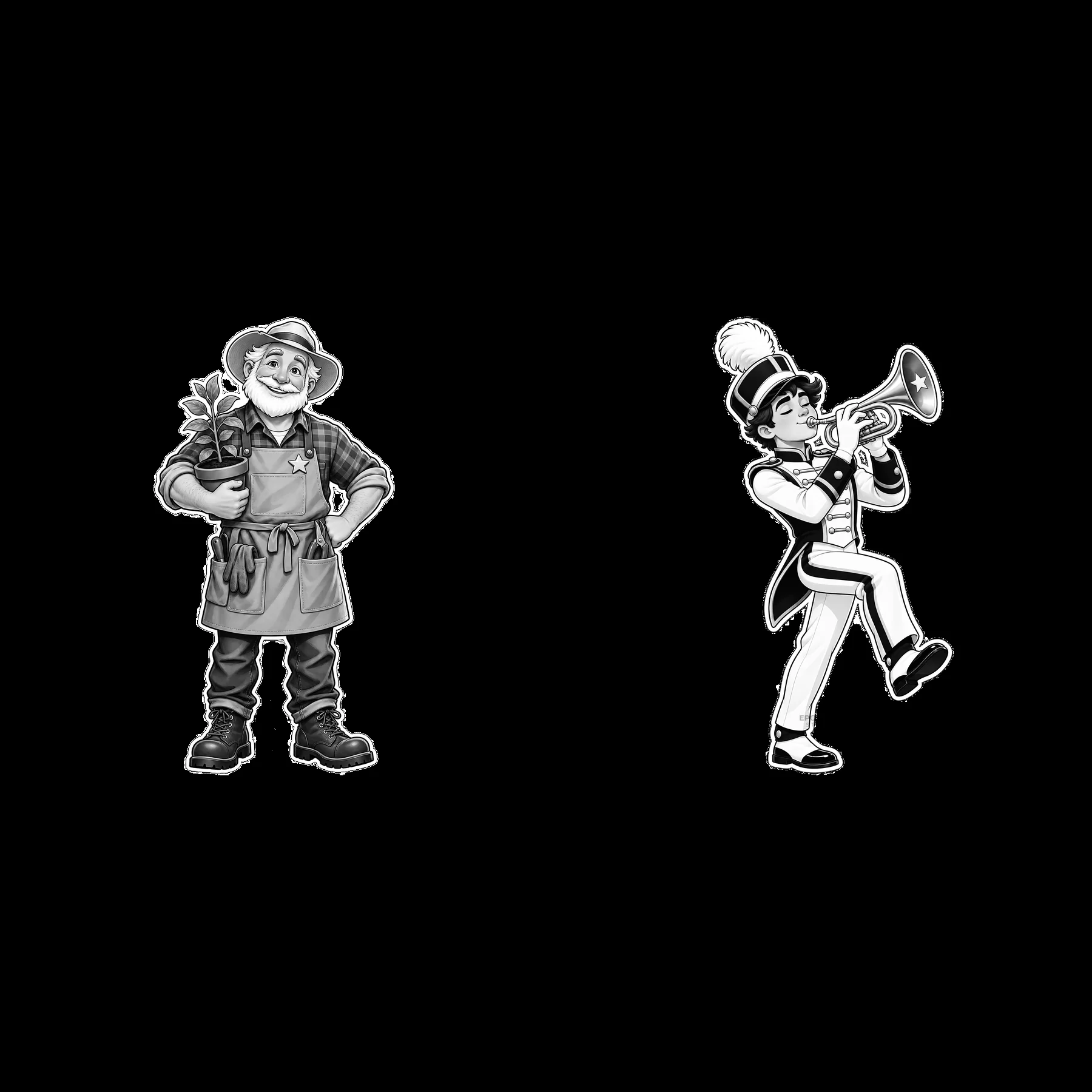 Gardener with plant and musician playing trumpet sticker illustration - AI-generated stock image