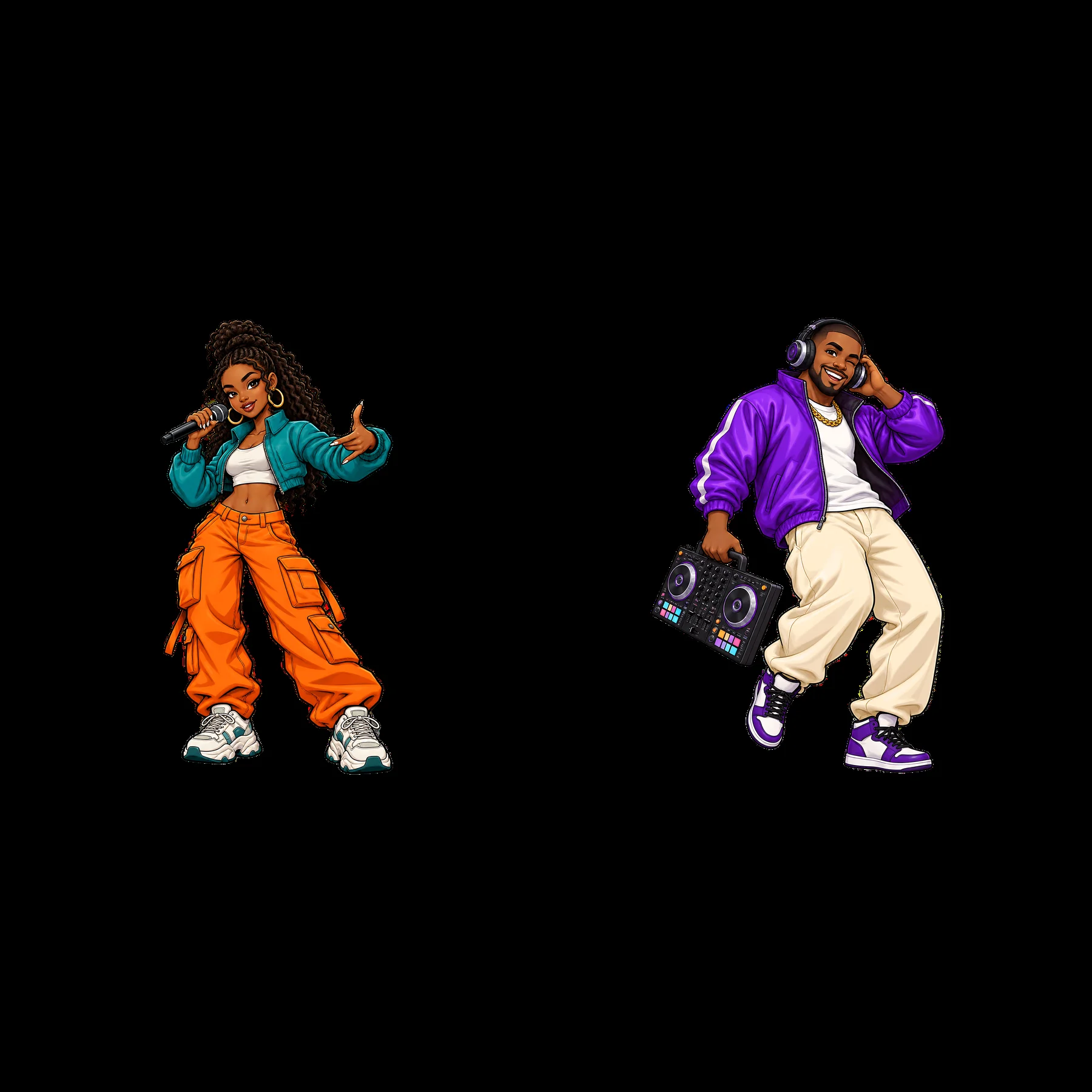 Hip-hop artists performing with microphone and DJ equipment - AI-generated stock image
