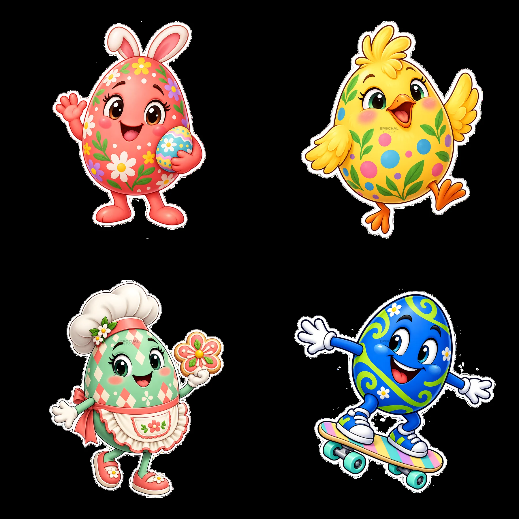 Colorful stickers of Easter eggs with cheerful characters - AI-generated stock image