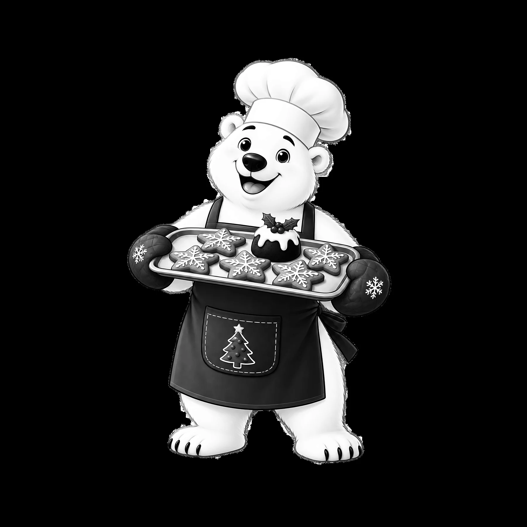 Polar bear chef holding Christmas cookies on a baking tray - AI-generated stock image