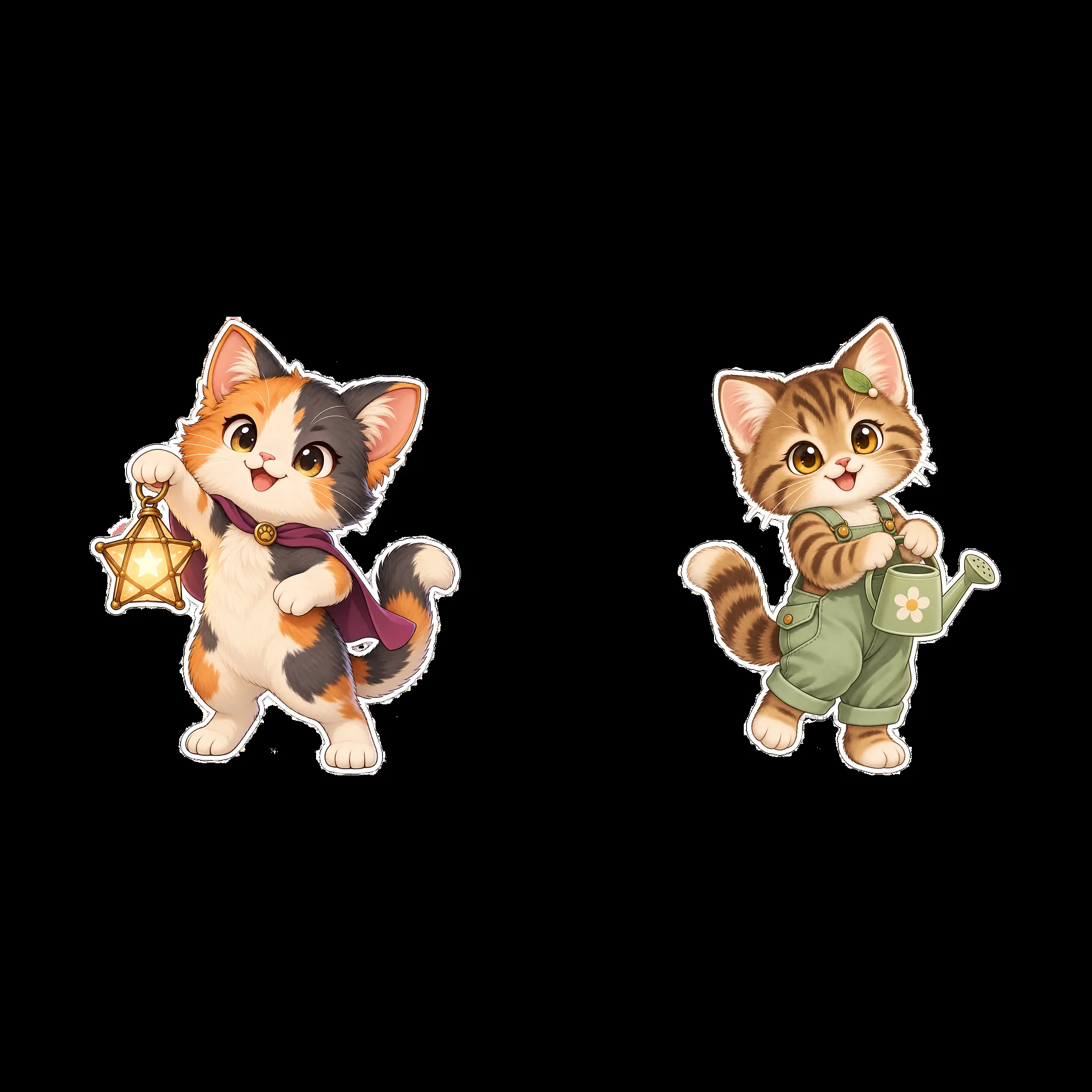 Kawaii cats with a lantern and watering can in a cheerful pair - AI-generated stock image