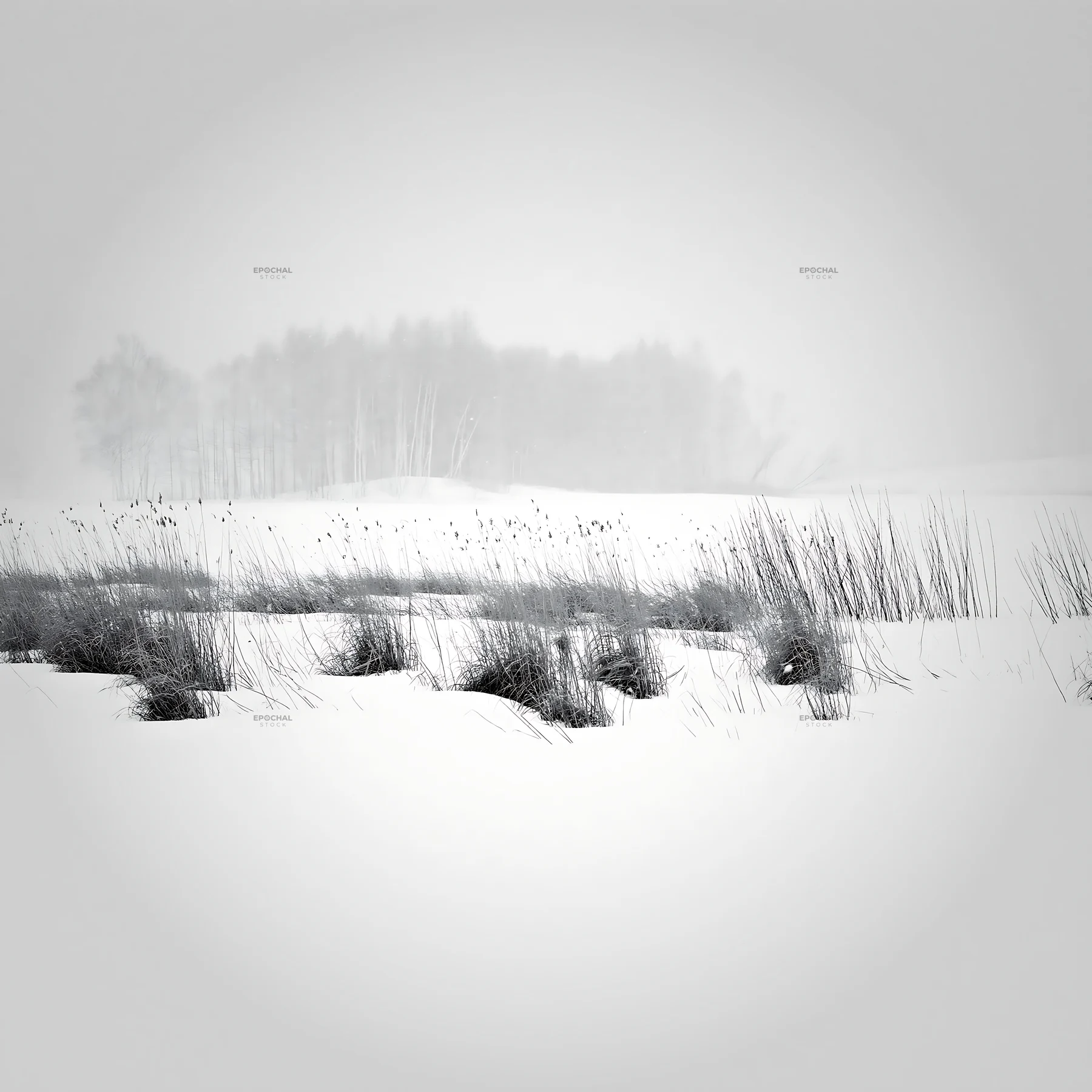 Black and white snowbound meadow with tall grasses under soft snow - AI-generated stock image