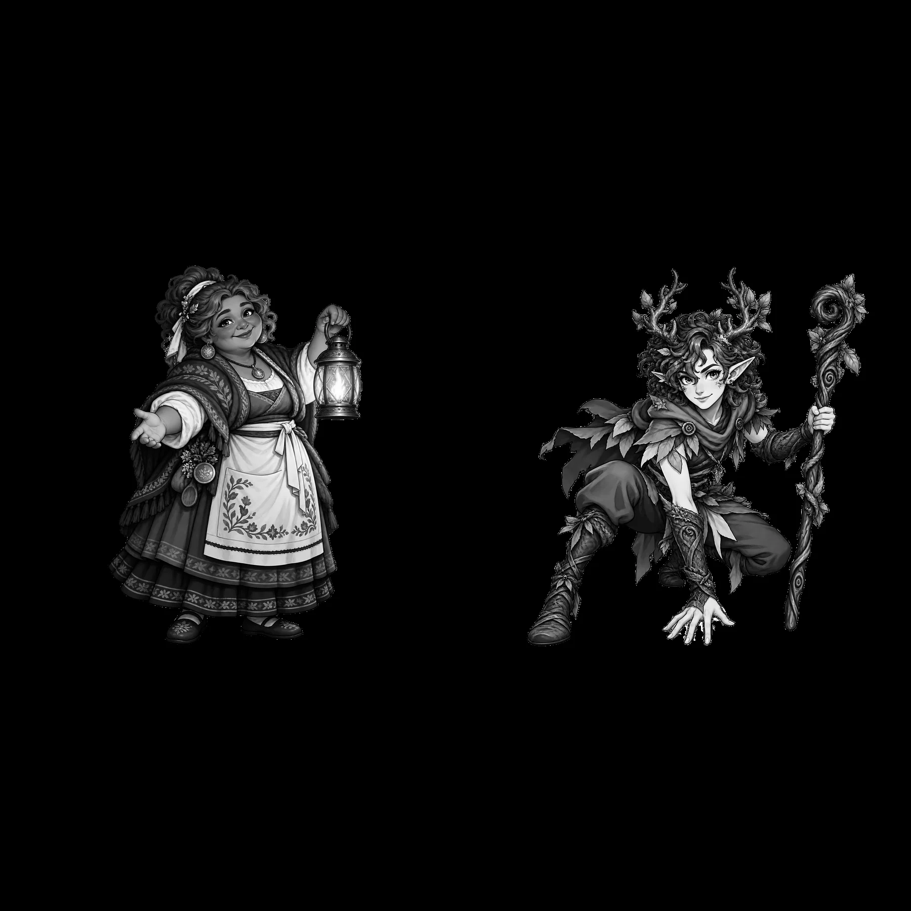Pagan goddess and nature spirit characters holding items - AI-generated stock image