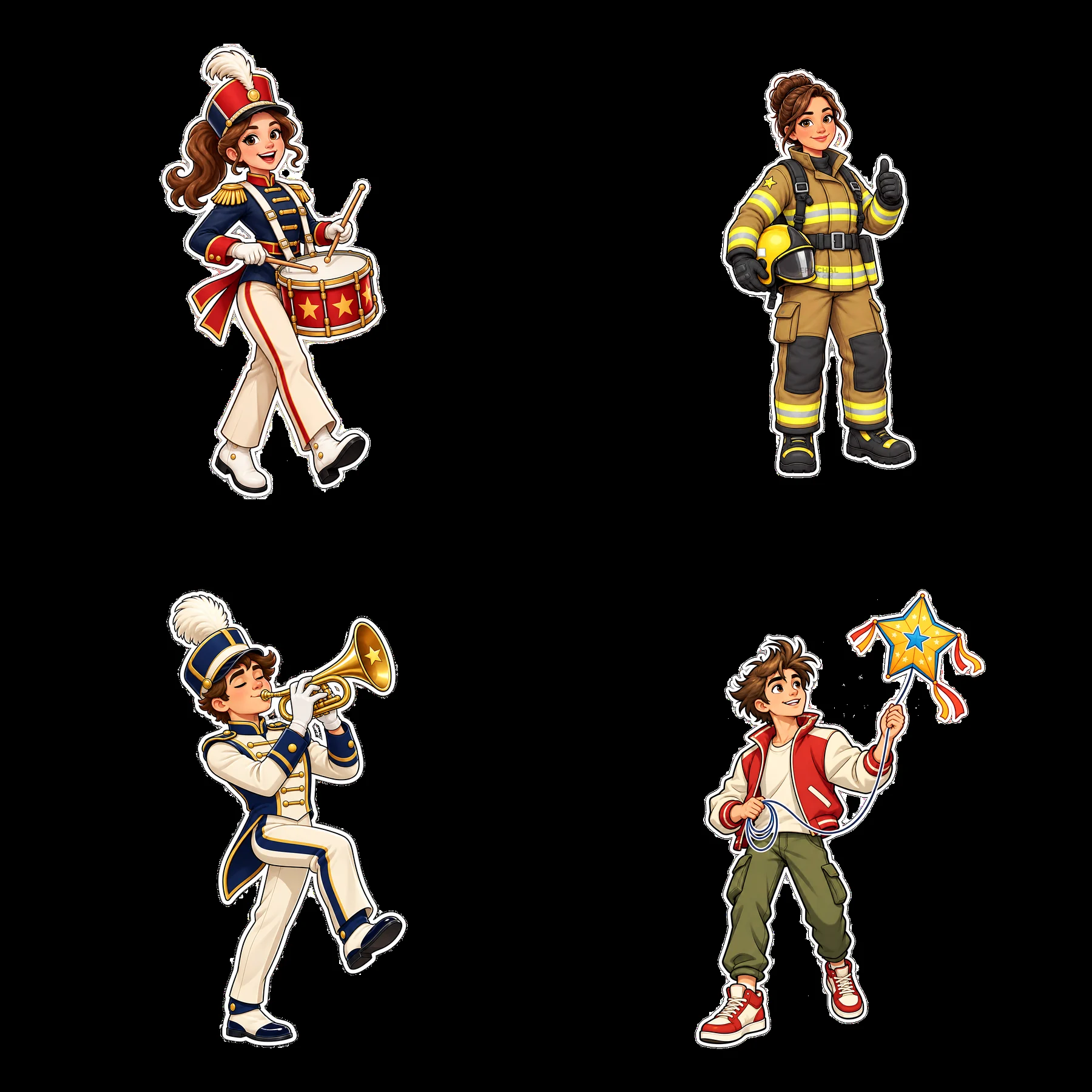 Cartoon characters celebrating patriotism in a festive layout - AI-generated stock image