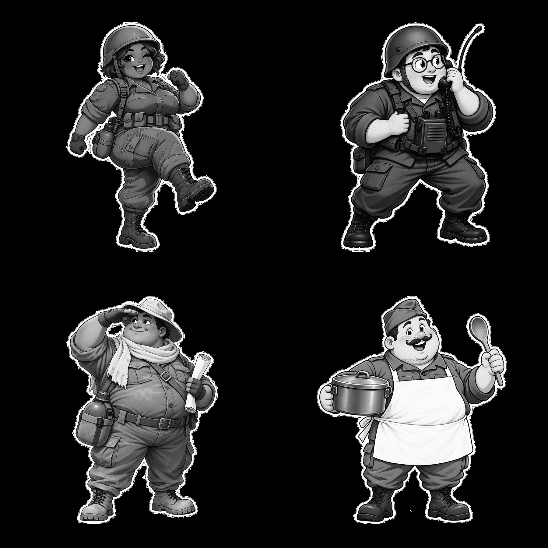 Cute ultra-chubby soldier characters in various poses and actions - AI-generated stock image