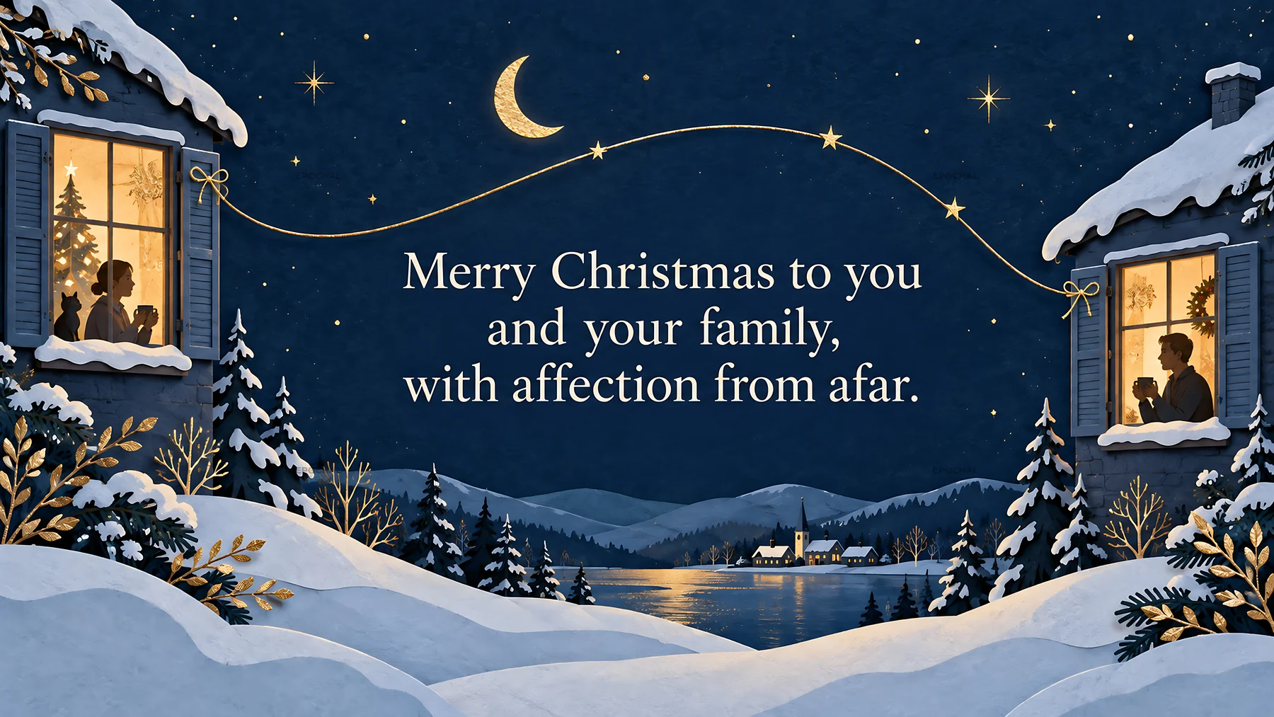 Christmas Greeting Across a Snowy Winter Village - AI-generated stock image