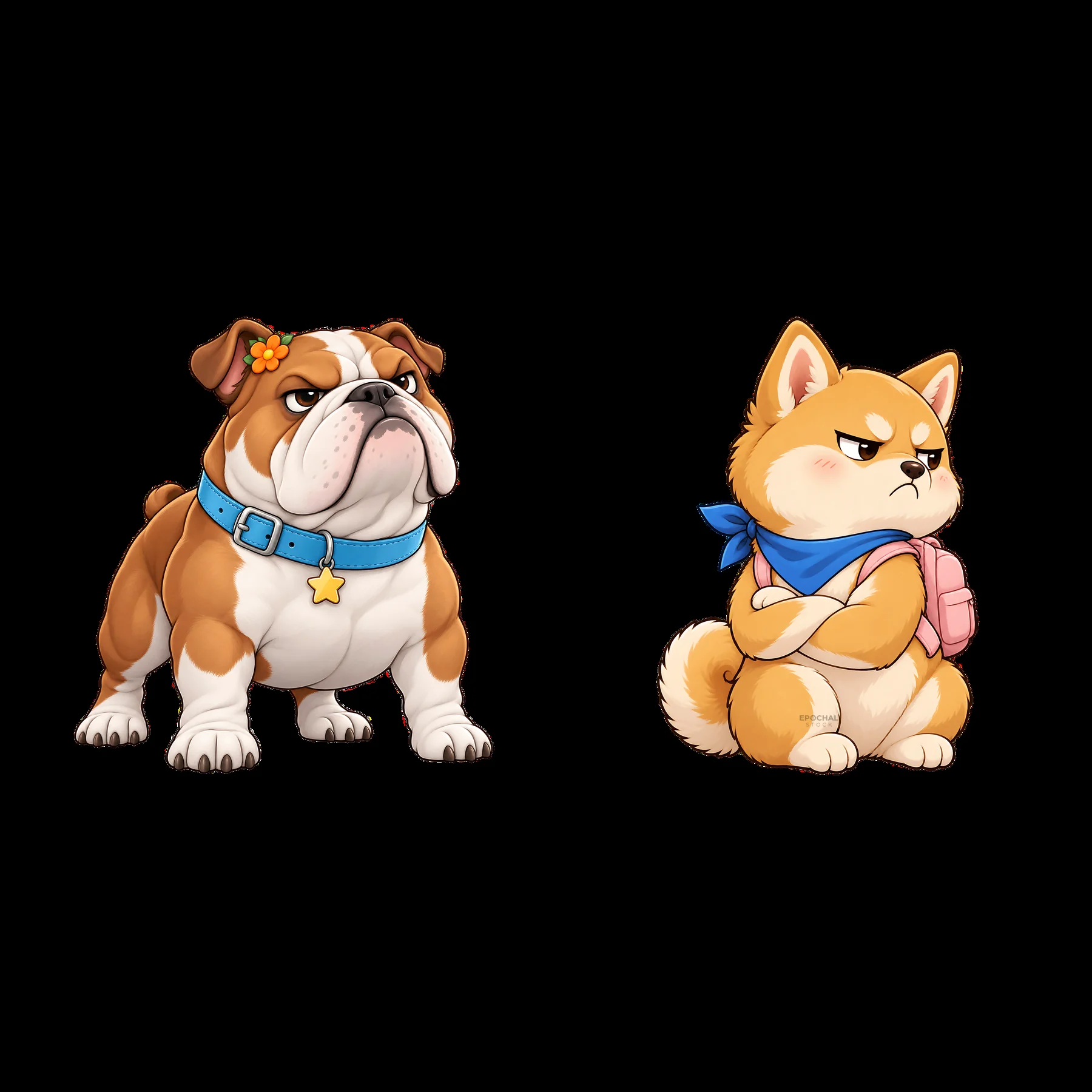 Kawaii grumpy dog stickers featuring bulldog and shiba inu - AI-generated stock image