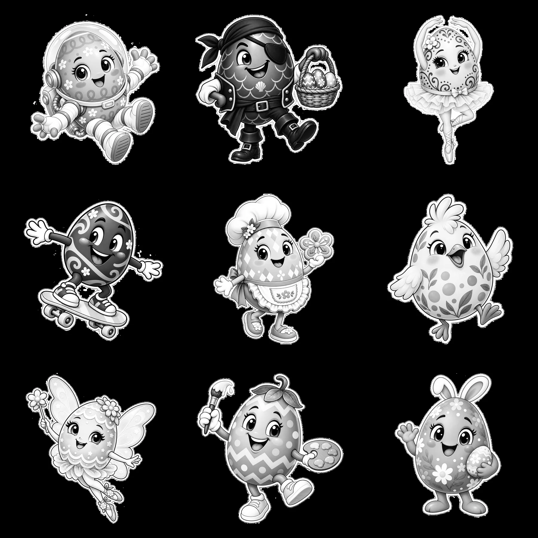 Easter egg characters in a grid with various activities - AI-generated stock image
