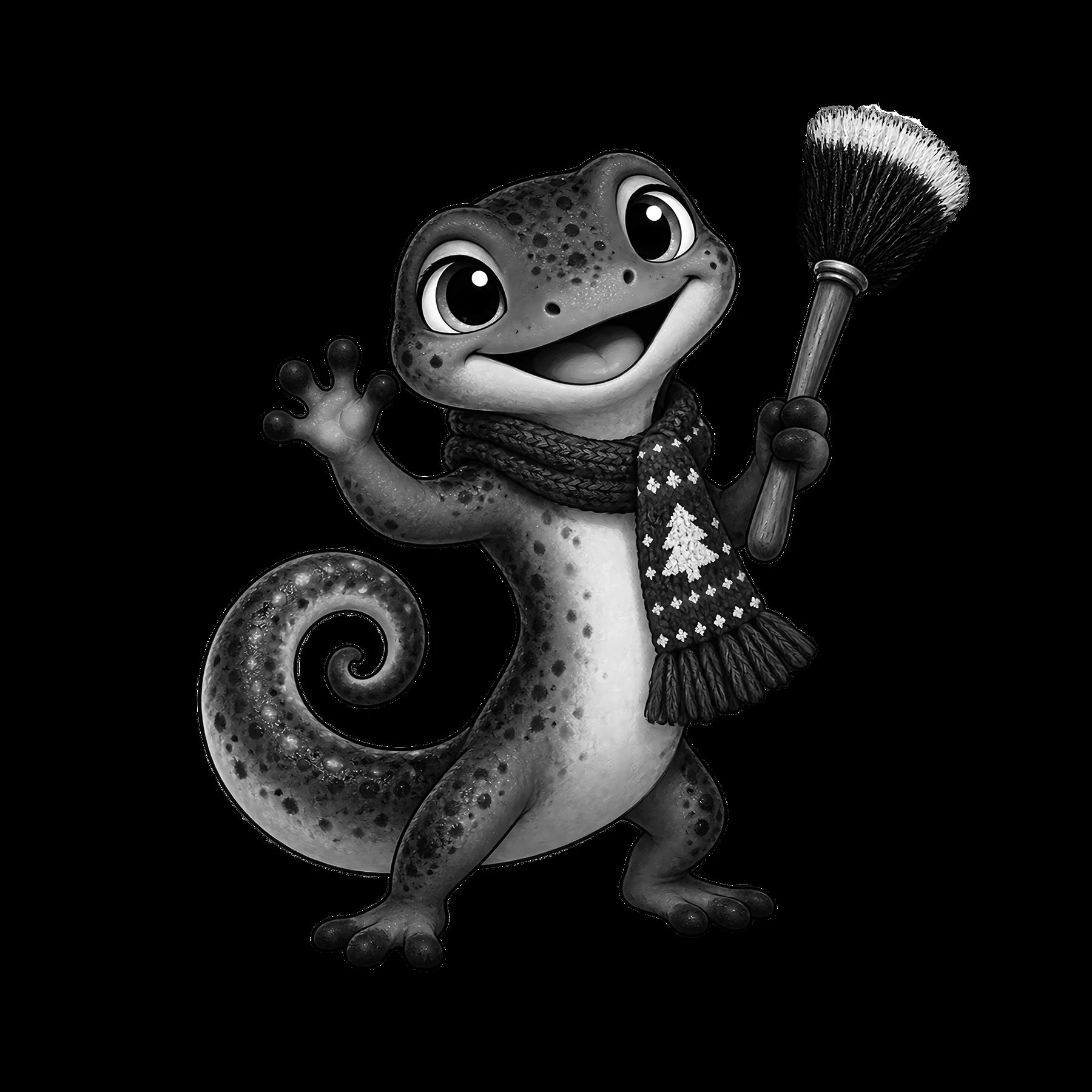 Cartoon gecko holding a brush in front of a Christmas fireplace - AI-generated stock image