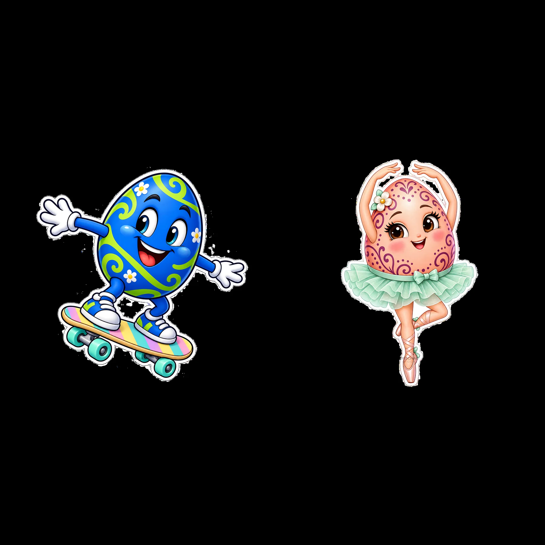 Colorful Easter eggs with a skater and a ballerina in a pair - AI-generated stock image