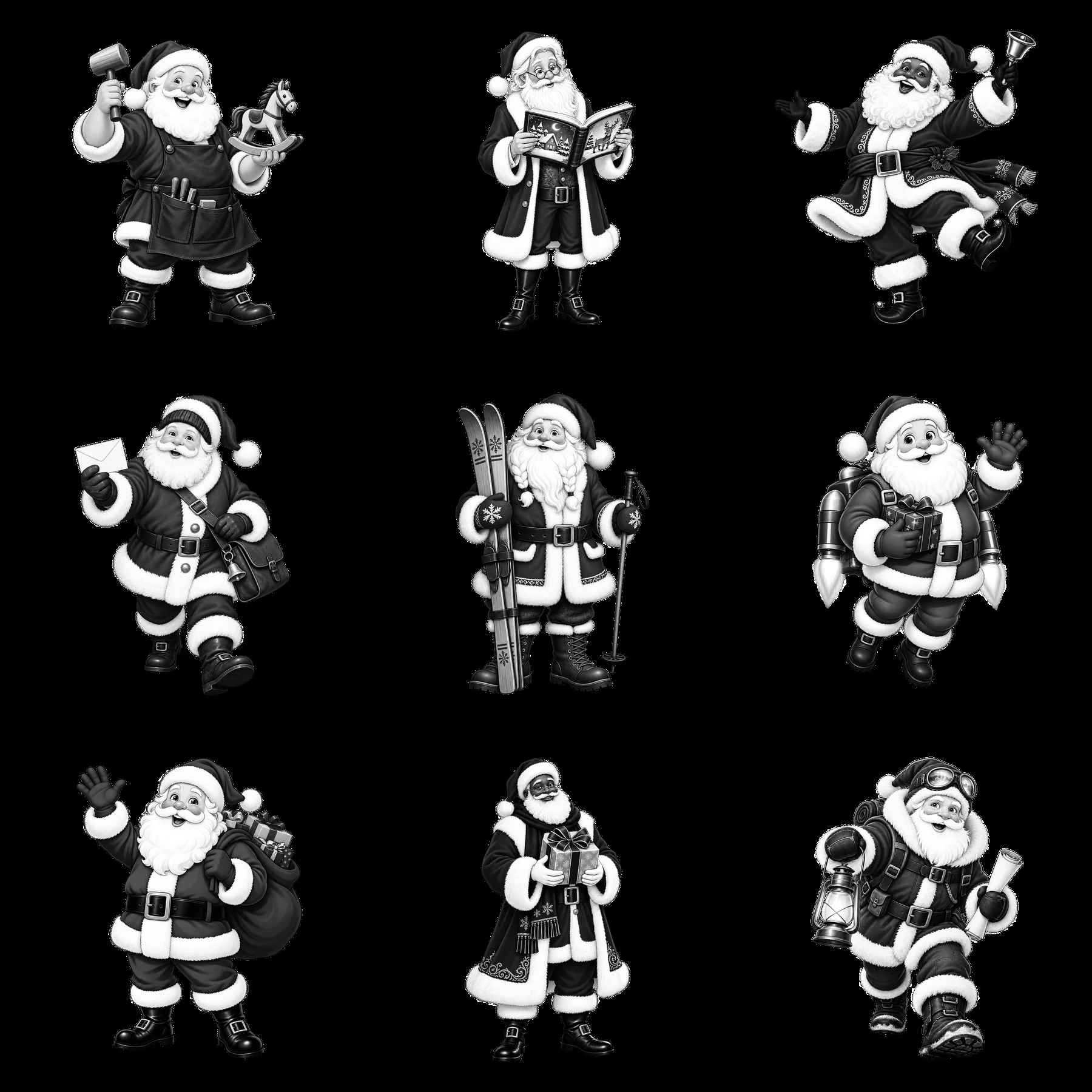 Monochrome nine cartoon figure stickers in a square arrangement - AI-generated stock image