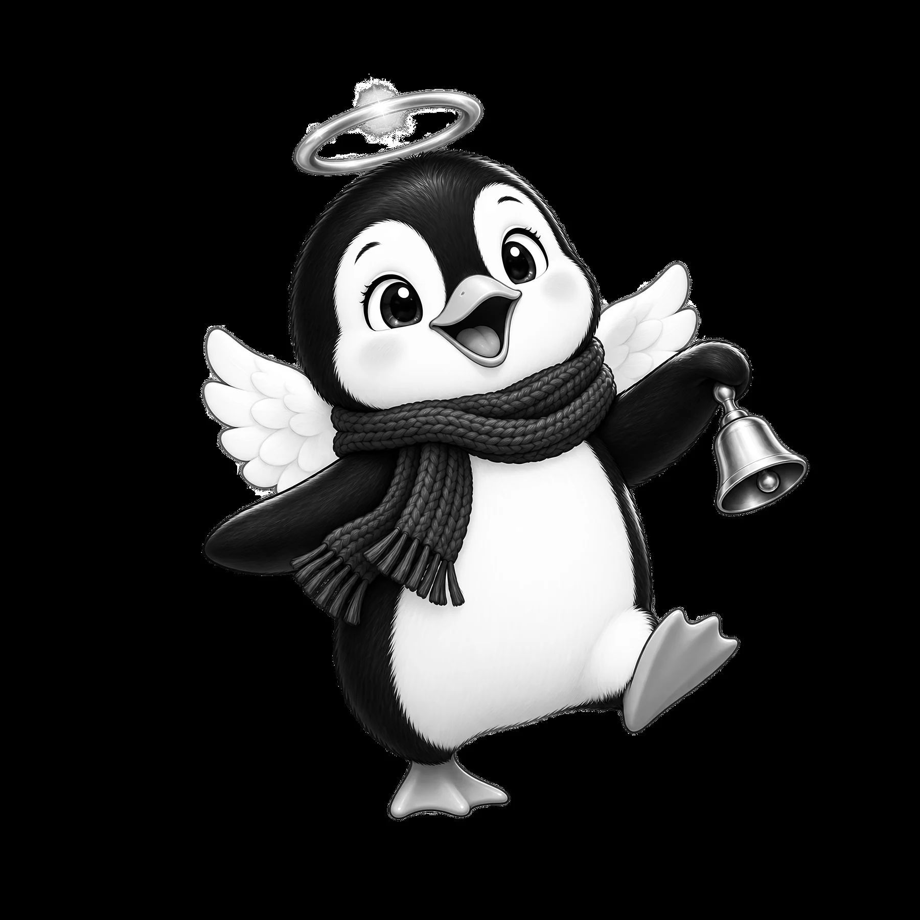 Christmas angel penguin with bell and scarf - AI-generated stock image