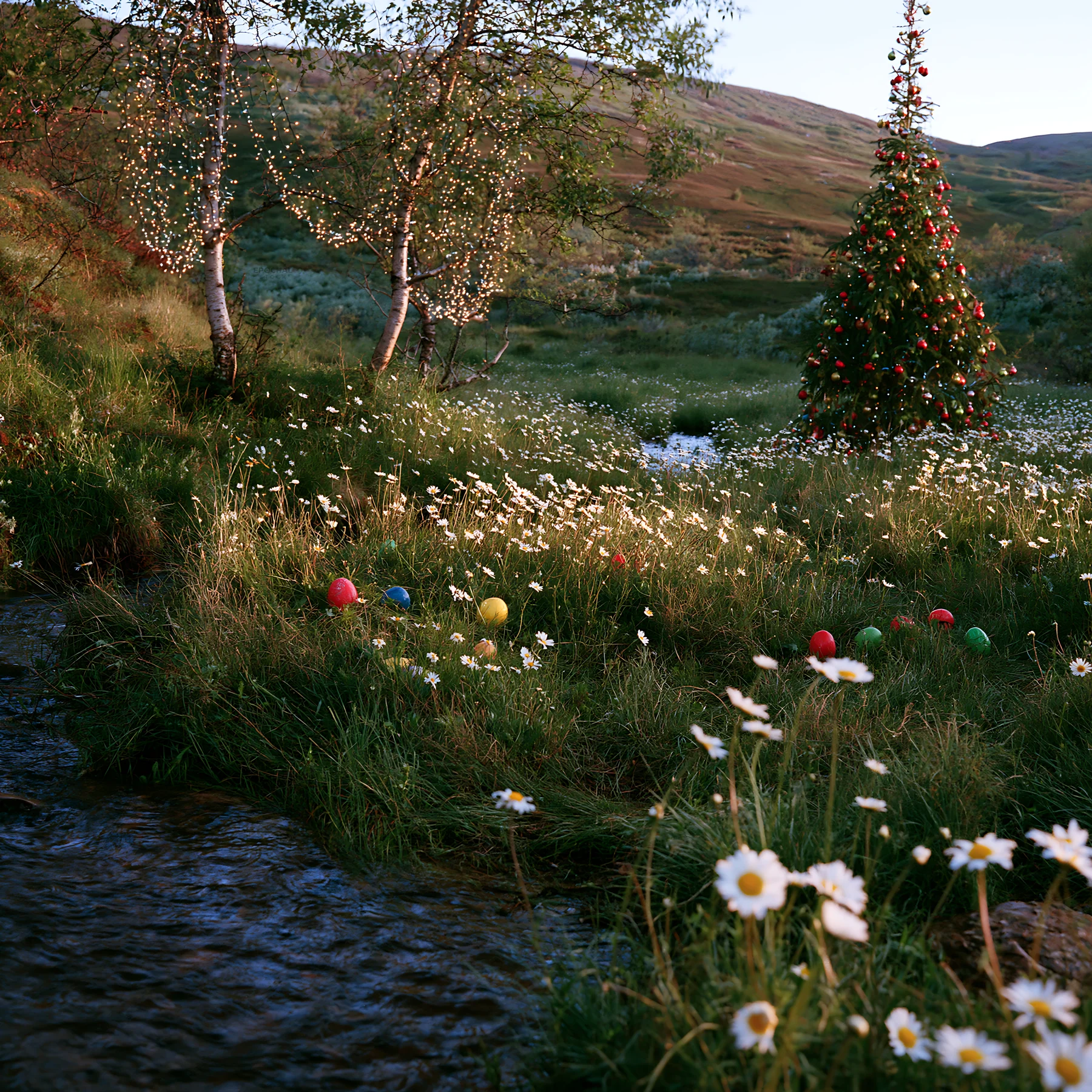 Christmas tree with ornaments beside stream in meadow - AI-generated stock image
