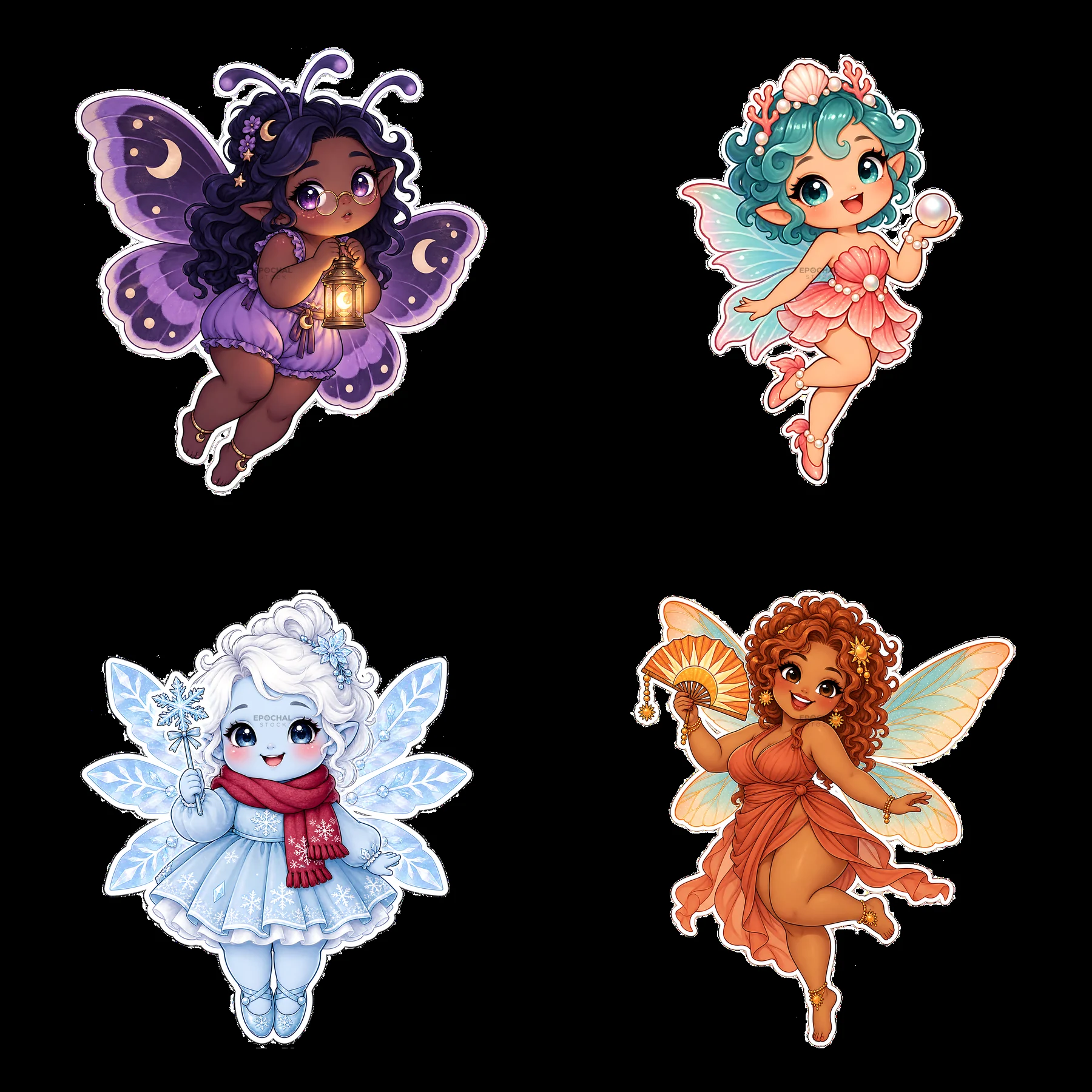 Kawaii chubby fairies with accessories in four character stickers - AI-generated stock image