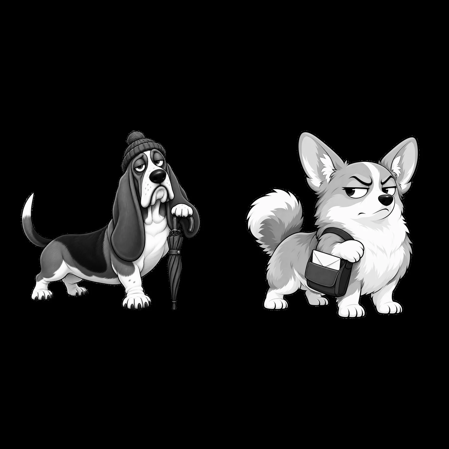 Grumpy dog characters with accessories and distinct expressions - AI-generated stock image