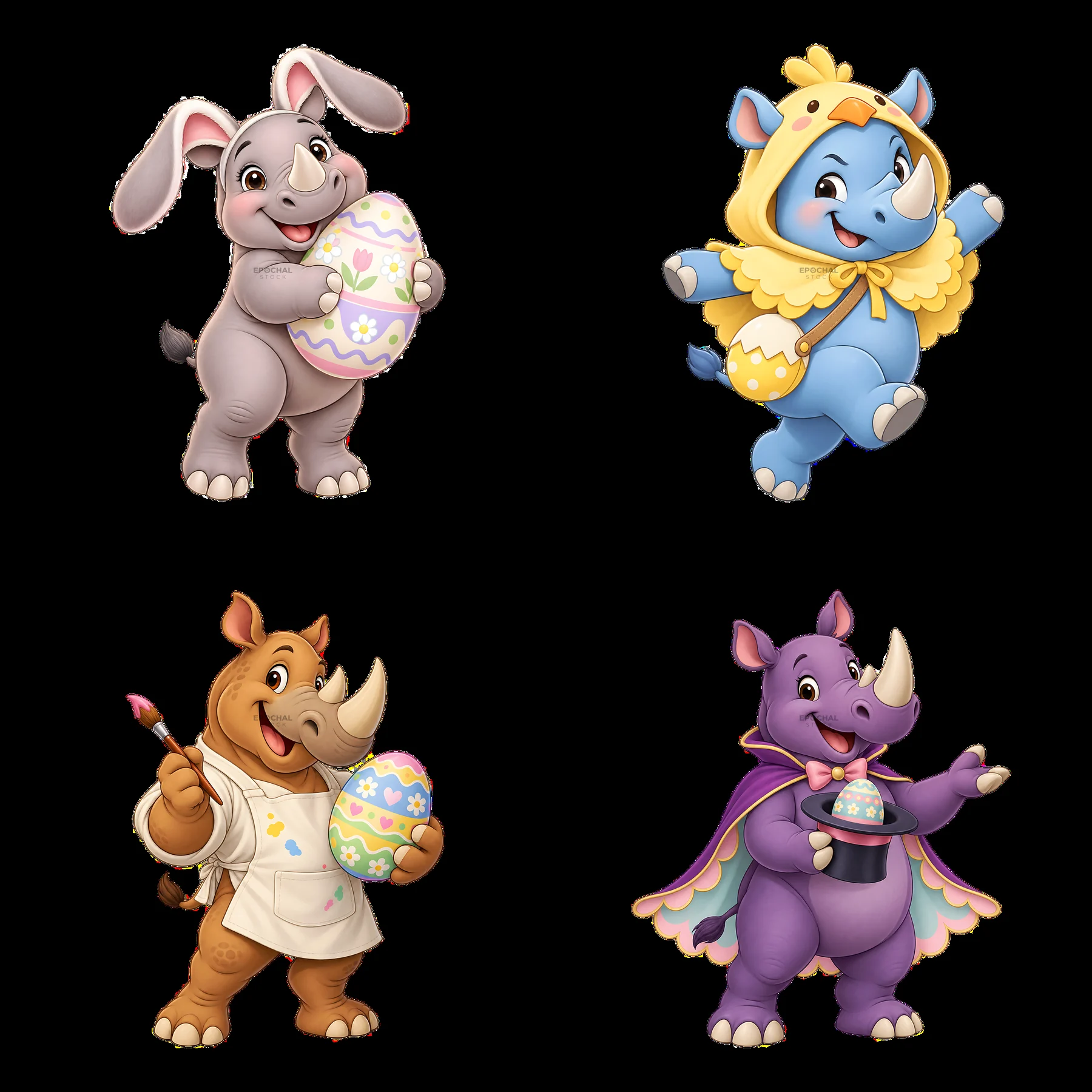 Easter rhinoceroses and friends celebrating with colorful eggs - AI-generated stock image