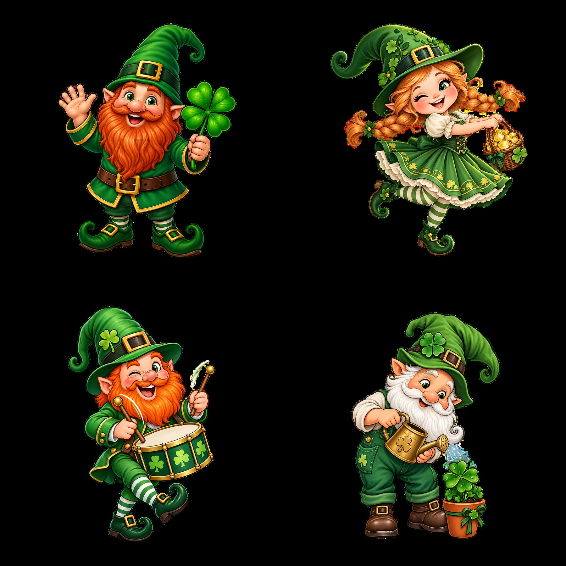 St. Patrick's Day gnomes celebrating with clovers and accessories - AI-generated stock image