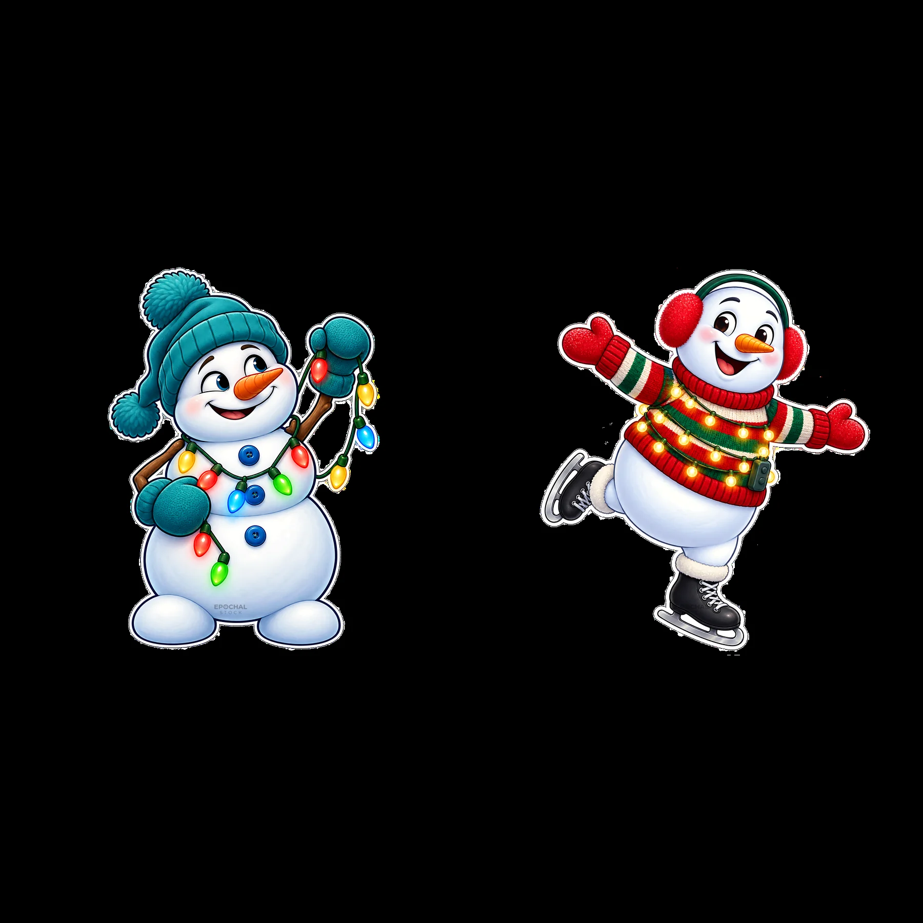 Snowman holding lights with a skating snowman in festive colors - AI-generated stock image