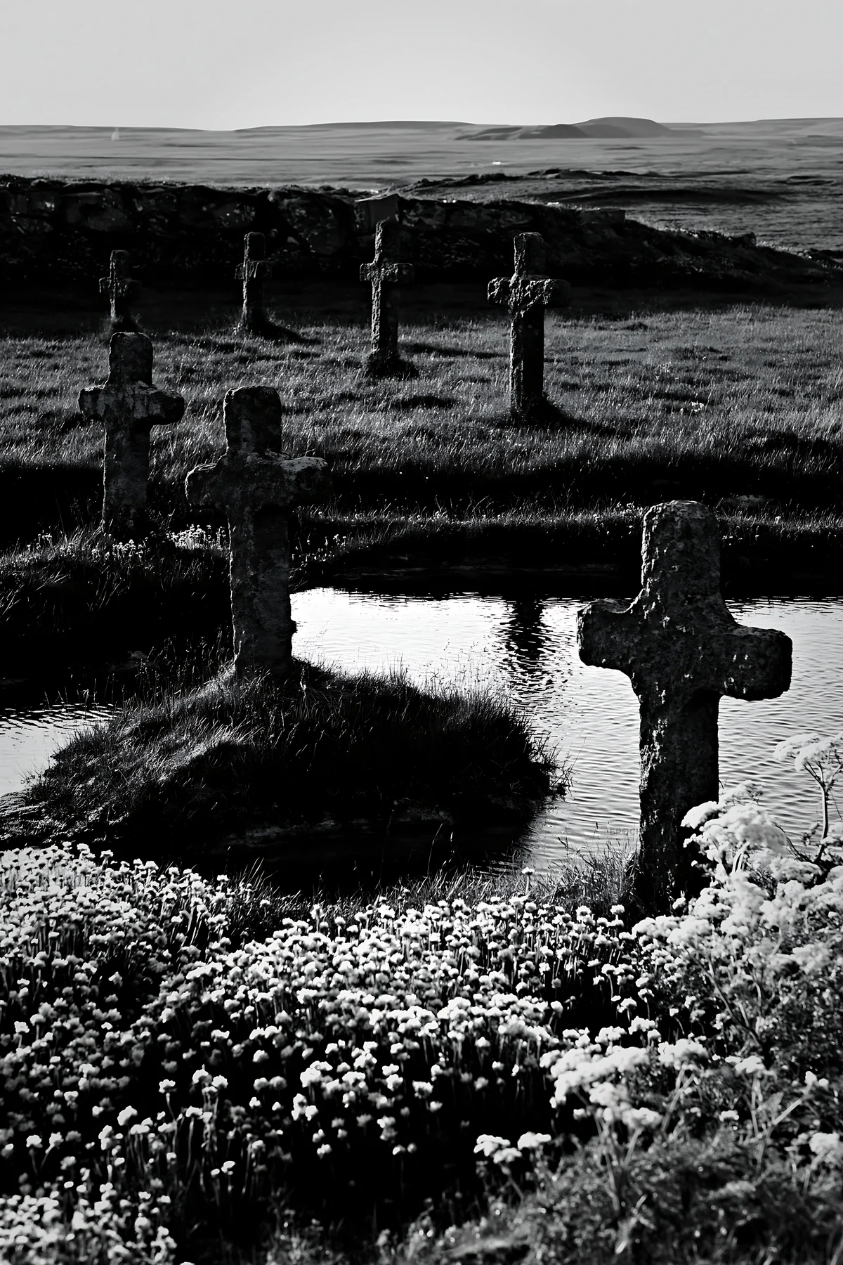 Christian crosses beside mineral spring meadow - AI-generated stock image