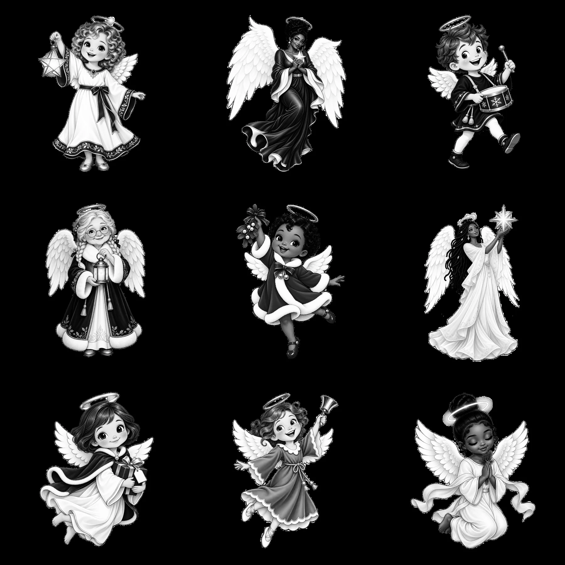 Christmas angels in a 3x3 layout with unique poses and items - AI-generated stock image
