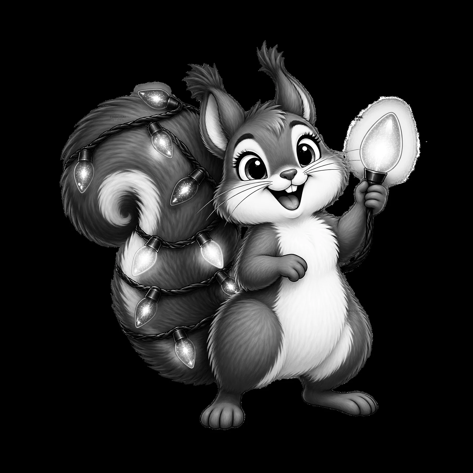 Squirrel holding string lights with cheerful expression - AI-generated stock image