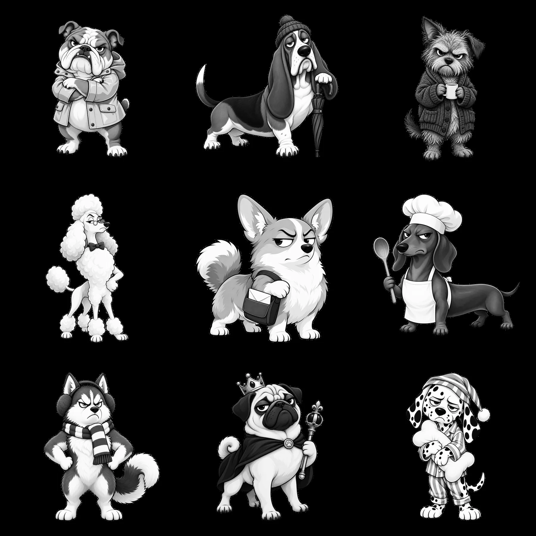 Grumpy dog cartoon characters in a 3x3 layout - AI-generated stock image