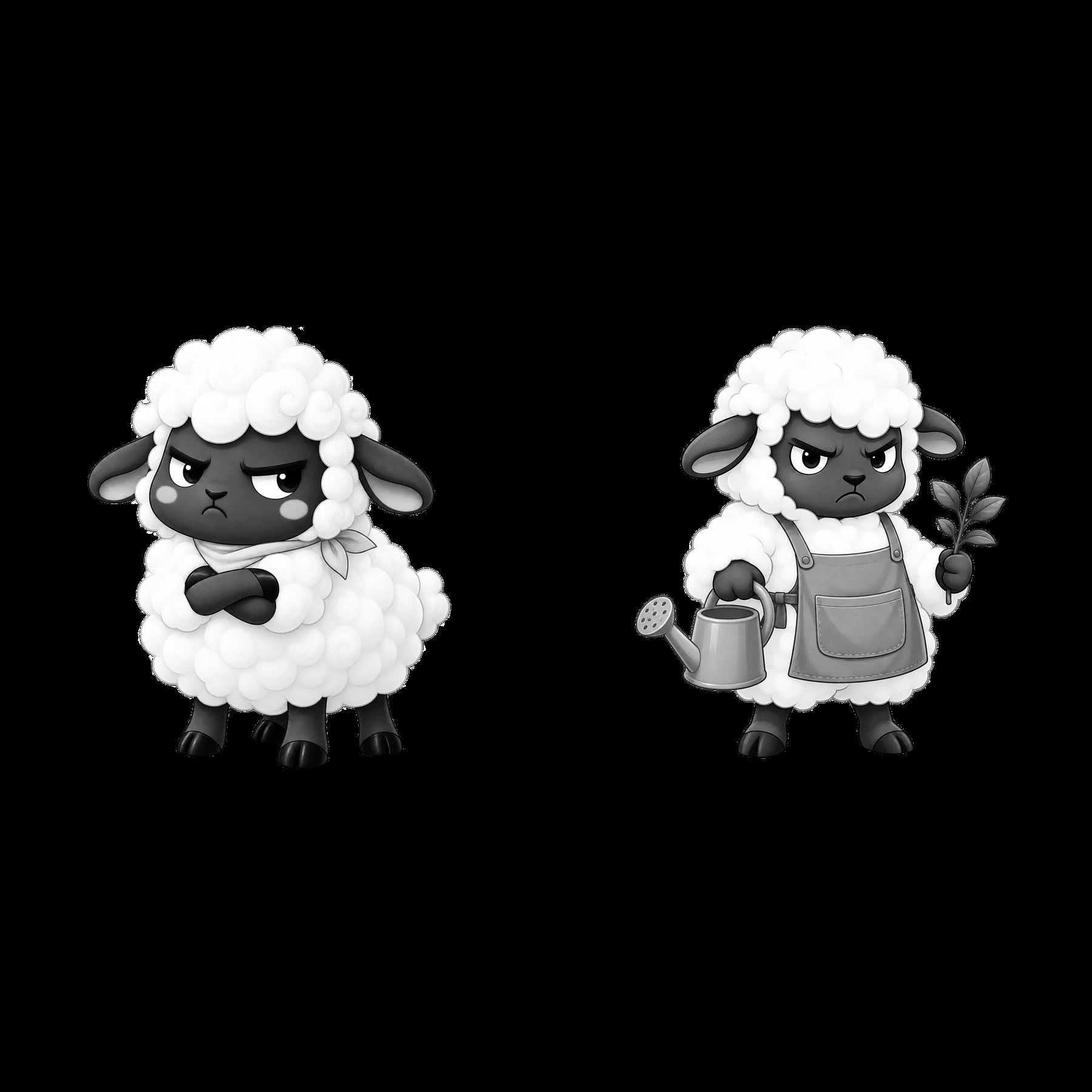 Kawaii grumpy sheep characters with accessories in black and white - AI-generated stock image